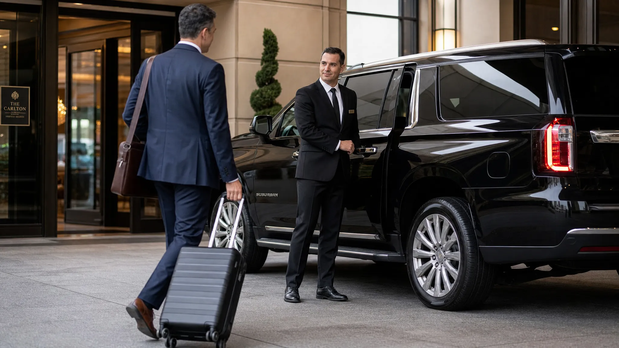 A professional chauffeur stands beside a black executive SUV near a hotel entrance while a business traveler with luggage approaches the vehicle.