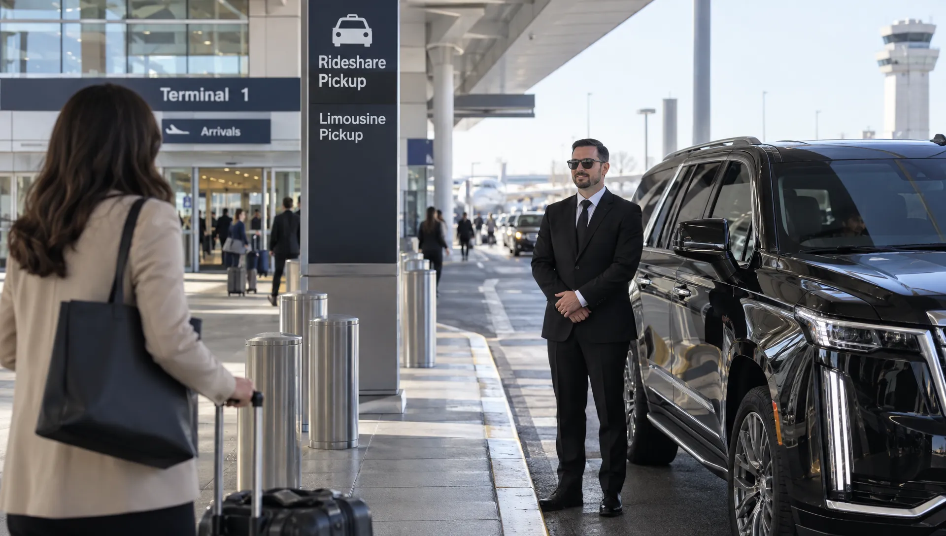 A chauffeur stands beside a luxury SUV at the airport’s designated pickup curb as a traveler checks the meeting location near the terminal entrance.