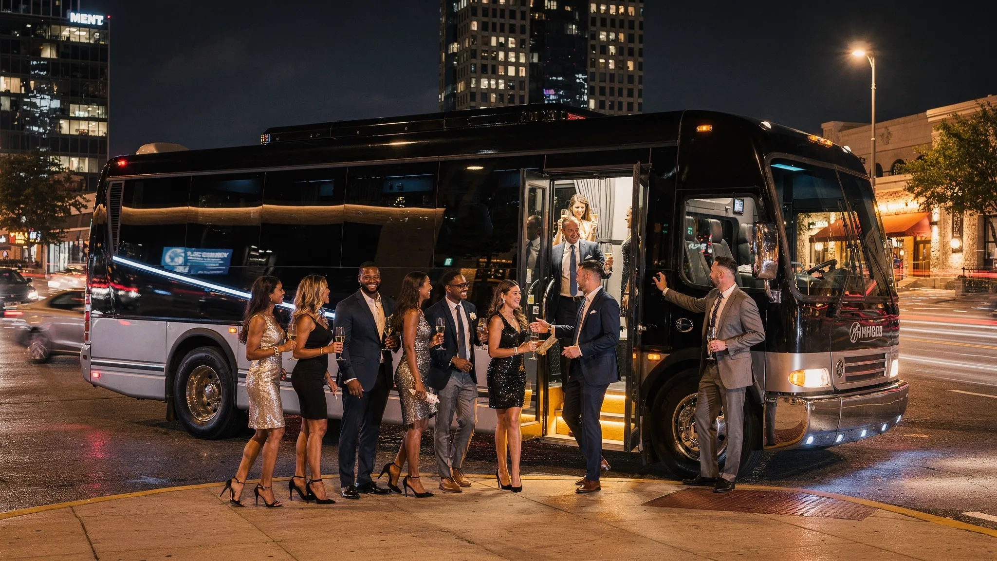 A luxury party bus parked at night in Atlanta with a group dressed for a celebration boarding near a lively downtown venue.