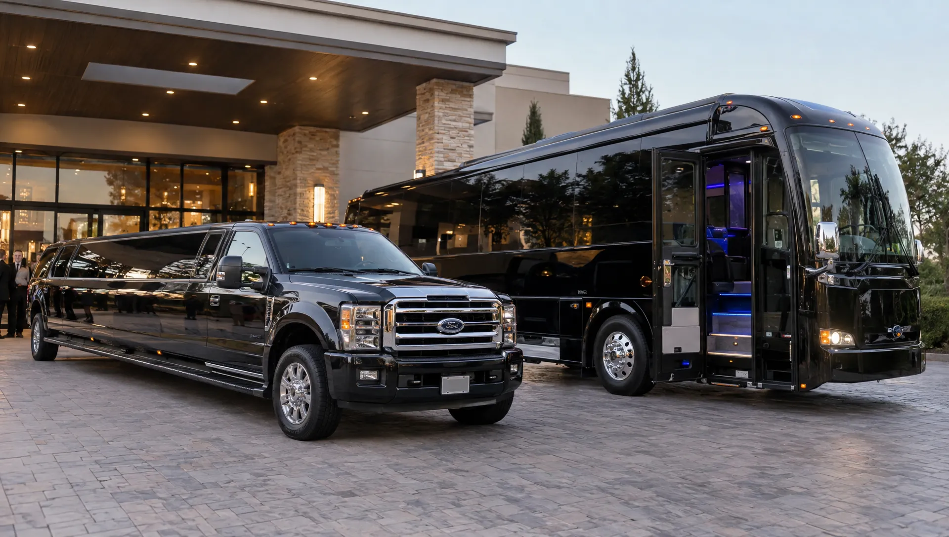 A stretch-SUV excursion limo and a luxury party bus stand side by side outside an event venue, showing their different profiles and entrances.