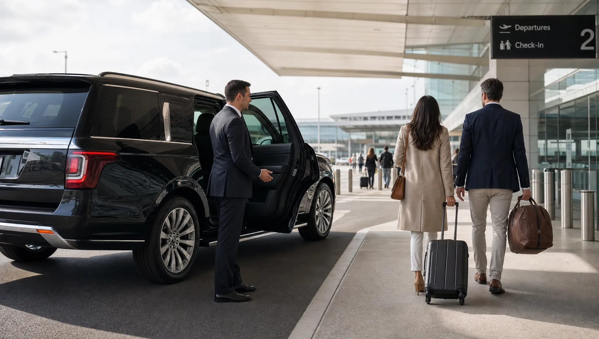 A luxury black SUV waiting at the airport curb with luggage being loaded, a professional chauffeur standing by the open rear door, and adult travelers approaching in the pickup area.