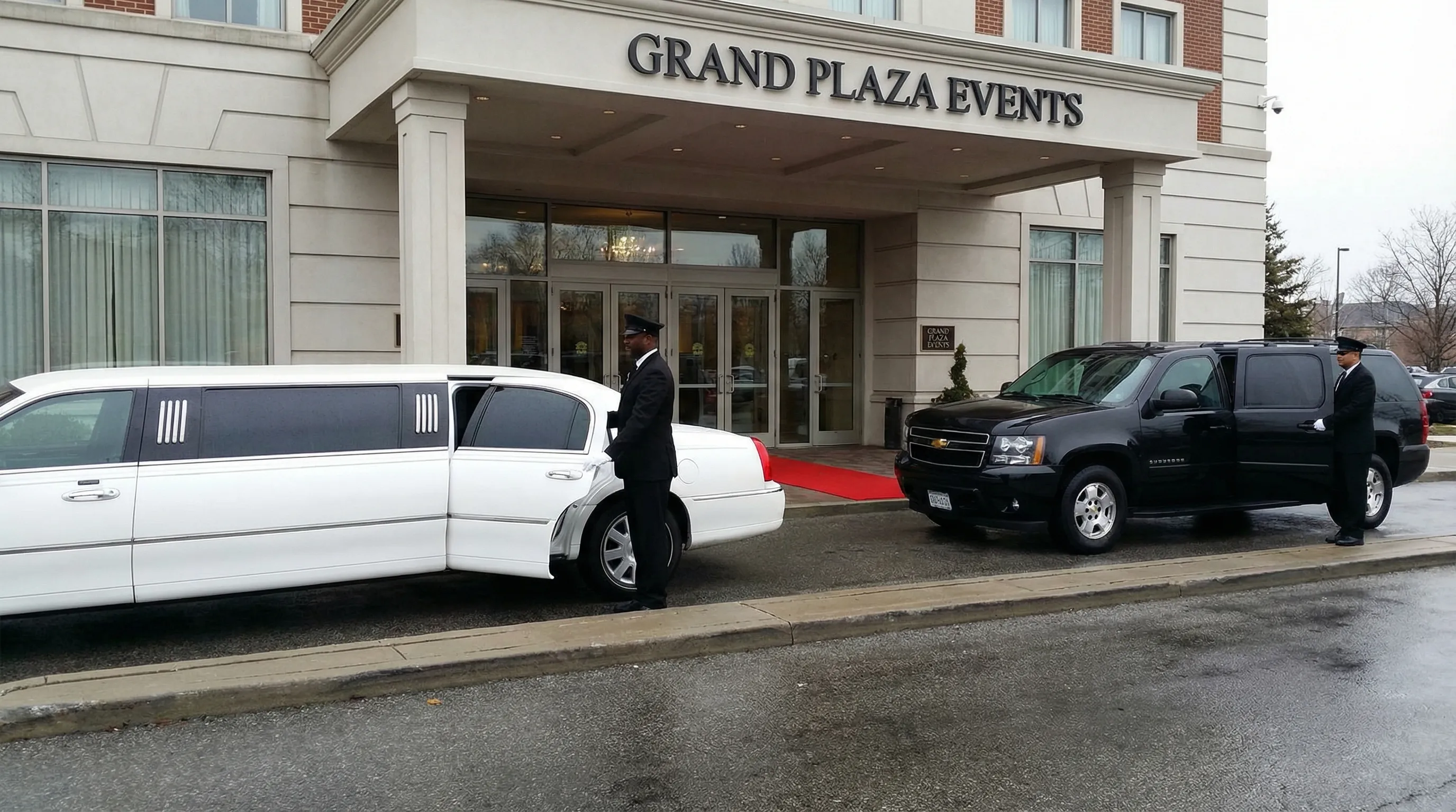 A side-by-side curbside scene showing a classic white stretch limousine and a black SUV limo parked near an event venue entrance, with a chauffeur standing by the door of each vehicle.