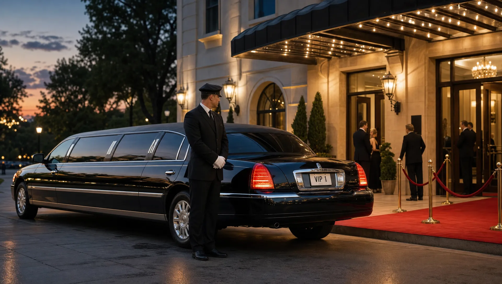 An elegant black limousine waiting outside a formal event venue at dusk, with soft exterior lighting, a red carpet entrance, and a polished chauffeur standing near the rear passenger door.