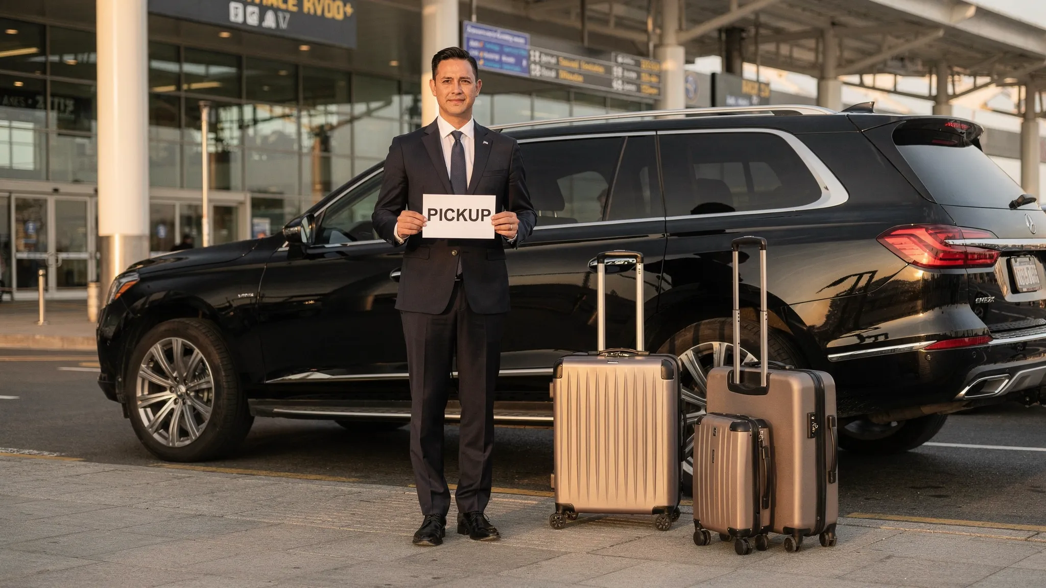 A professional chauffeur in a dark suit stands near a black luxury SUV at a clearly marked airport pickup area, holding a small sign and next to neatly stacked luggage, with terminal signage visible in the background.