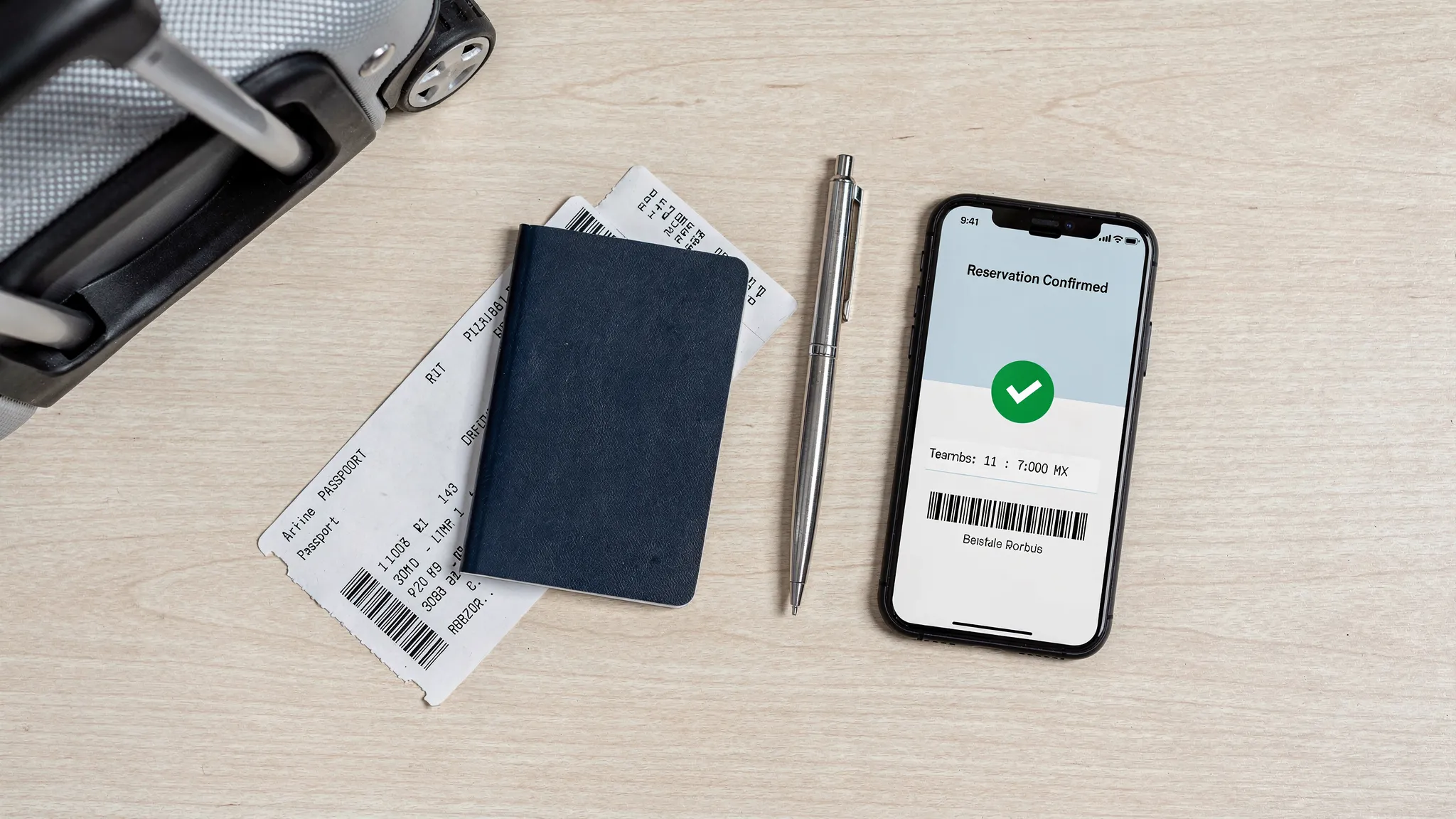 A simple flat lay of travel documents including a boarding pass and passport next to a phone showing a confirmed car service reservation, with luggage and a pen on a clean desk.