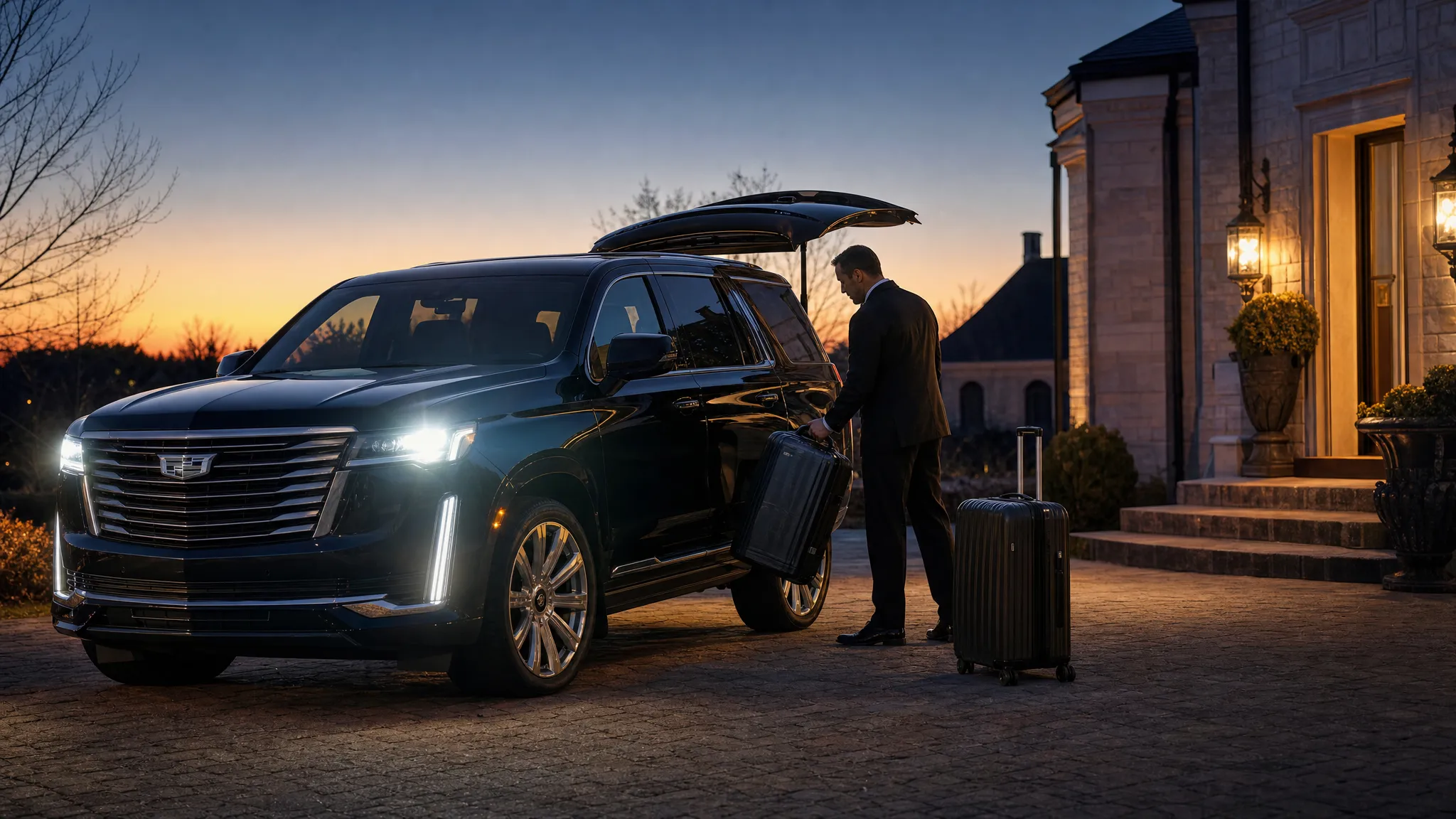 A professional chauffeur standing beside a black luxury SUV before sunrise, loading suitcases for an airport transfer outside a quiet home driveway. The vehicle headlights are on, and the scene feels calm and organized.