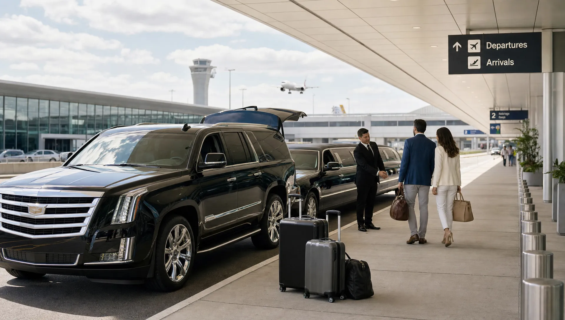 A black SUV and stretch limousine wait at an airport arrival curb with luggage nearby and a chauffeur ready to help travelers.