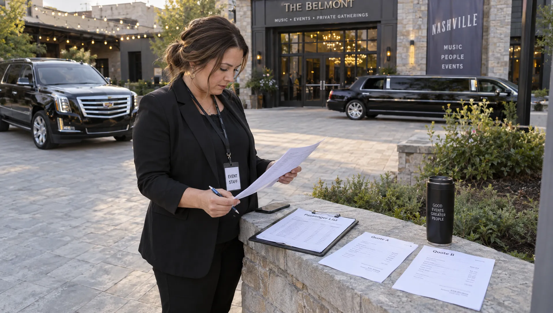 An event organizer checks quotes and a passenger list near parked vehicles while comparing the limo company of Nashville for an event.