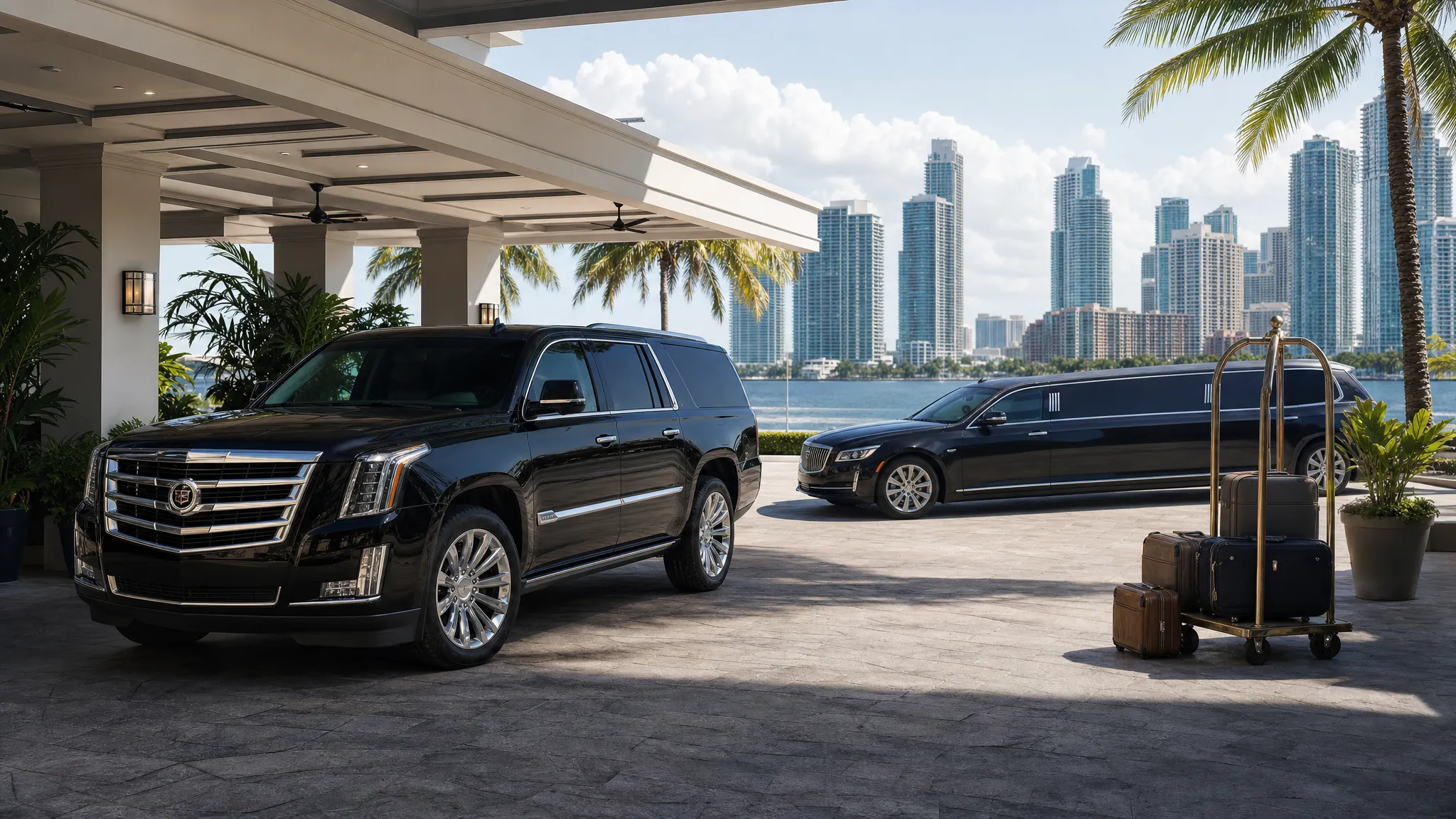 A black luxury SUV and a stretch limousine waiting beside a Miami waterfront hotel driveway with palm trees, luggage staged nearby, and the city skyline in the background.