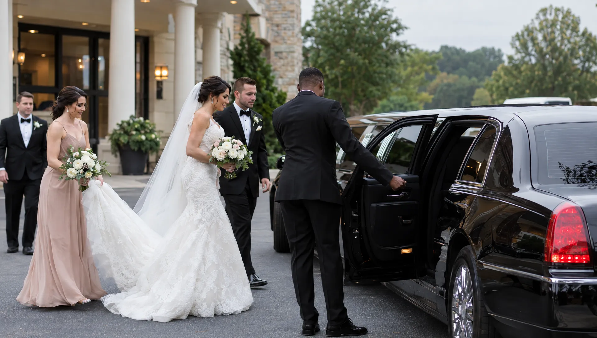 A bridal couple and attendants approach a waiting black stretch limousine at their Alpharetta wedding venue for scheduled transportation.