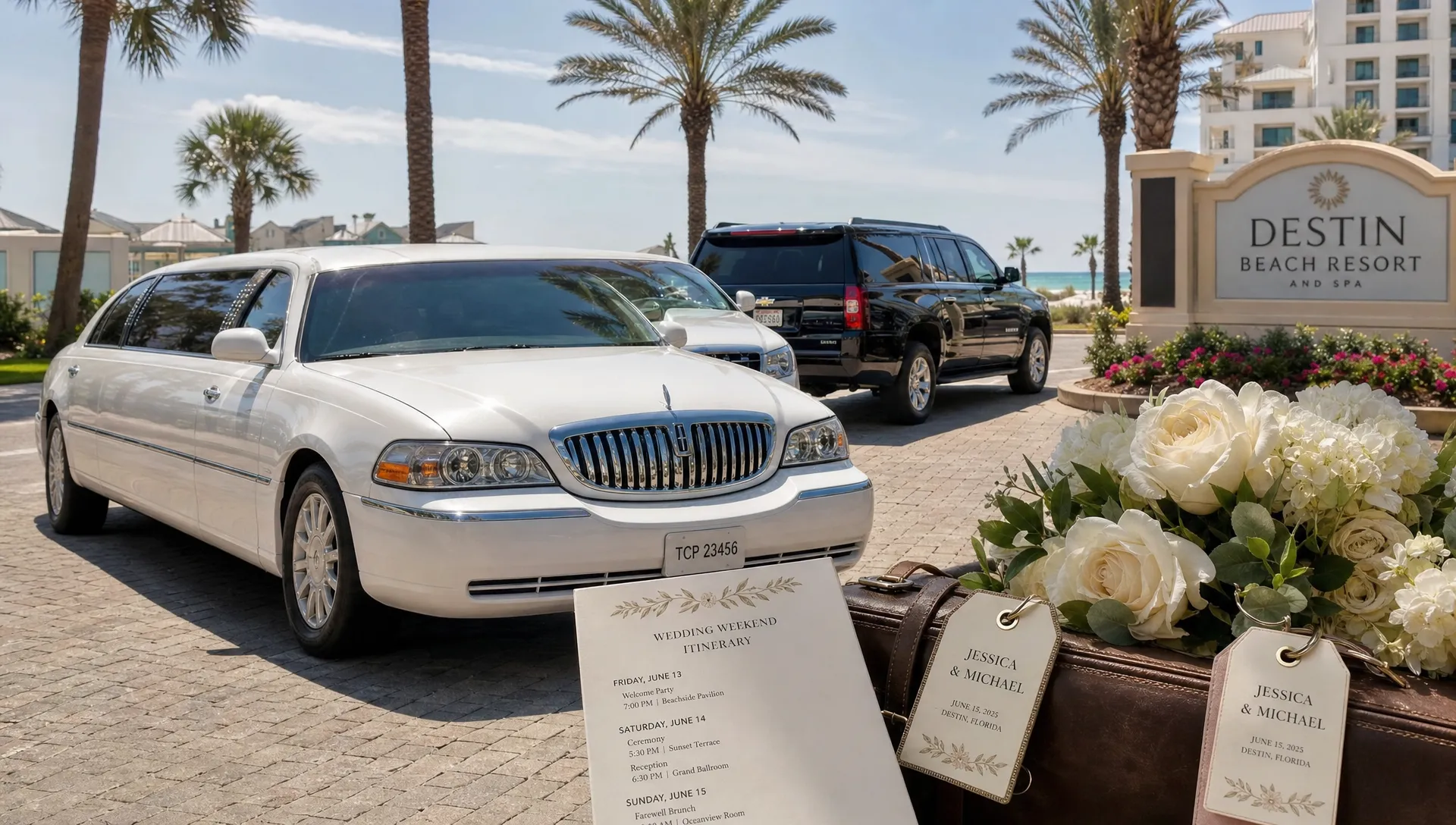 A luxury limousine and a black SUV wait near a Destin beach resort with wedding flowers, luggage tags, and itinerary cards nearby.
