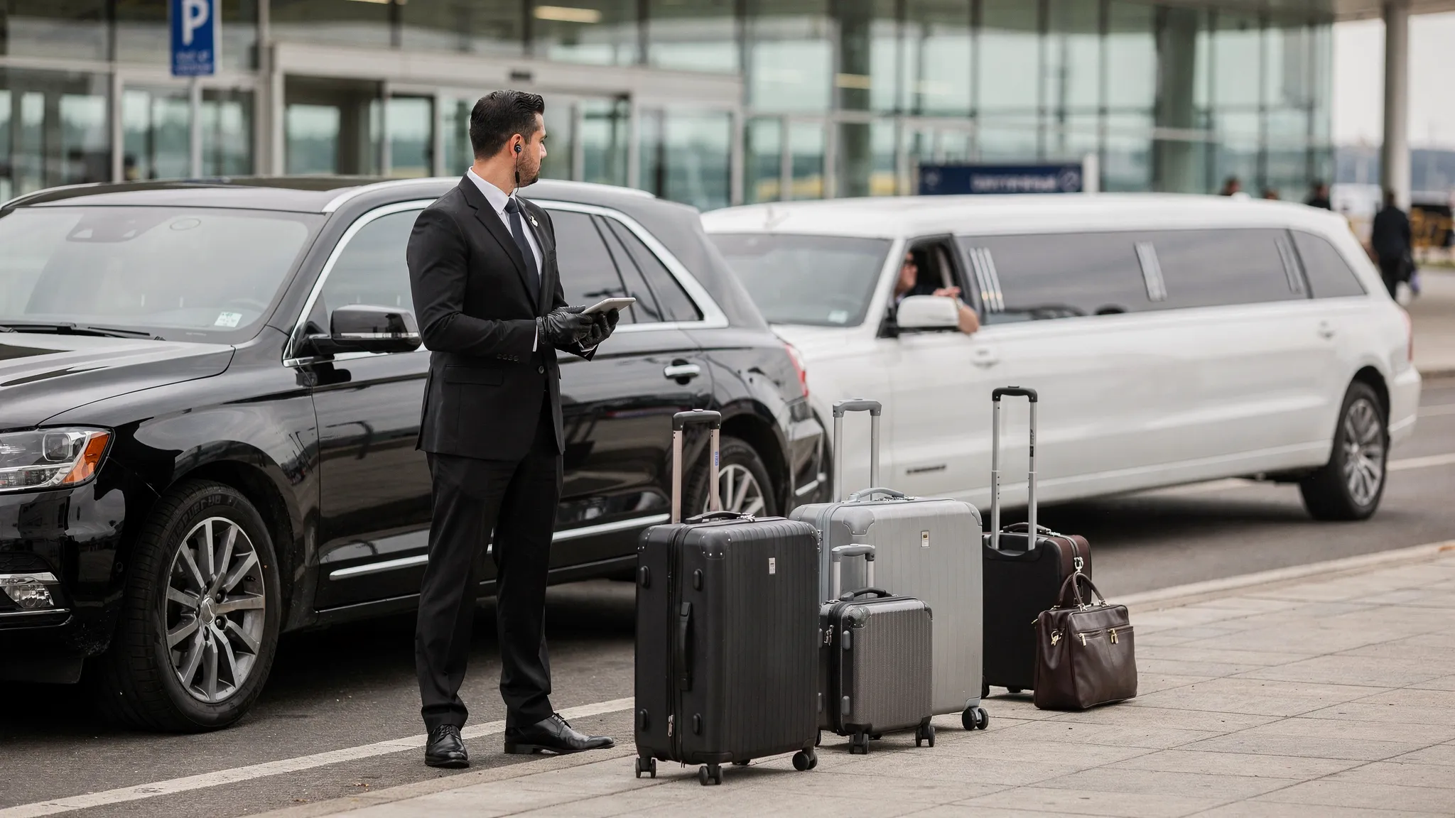 A professional chauffeur stands beside a black luxury SUV and a stretch limousine near an airport pickup area, with neatly arranged luggage and a calm curbside setting.