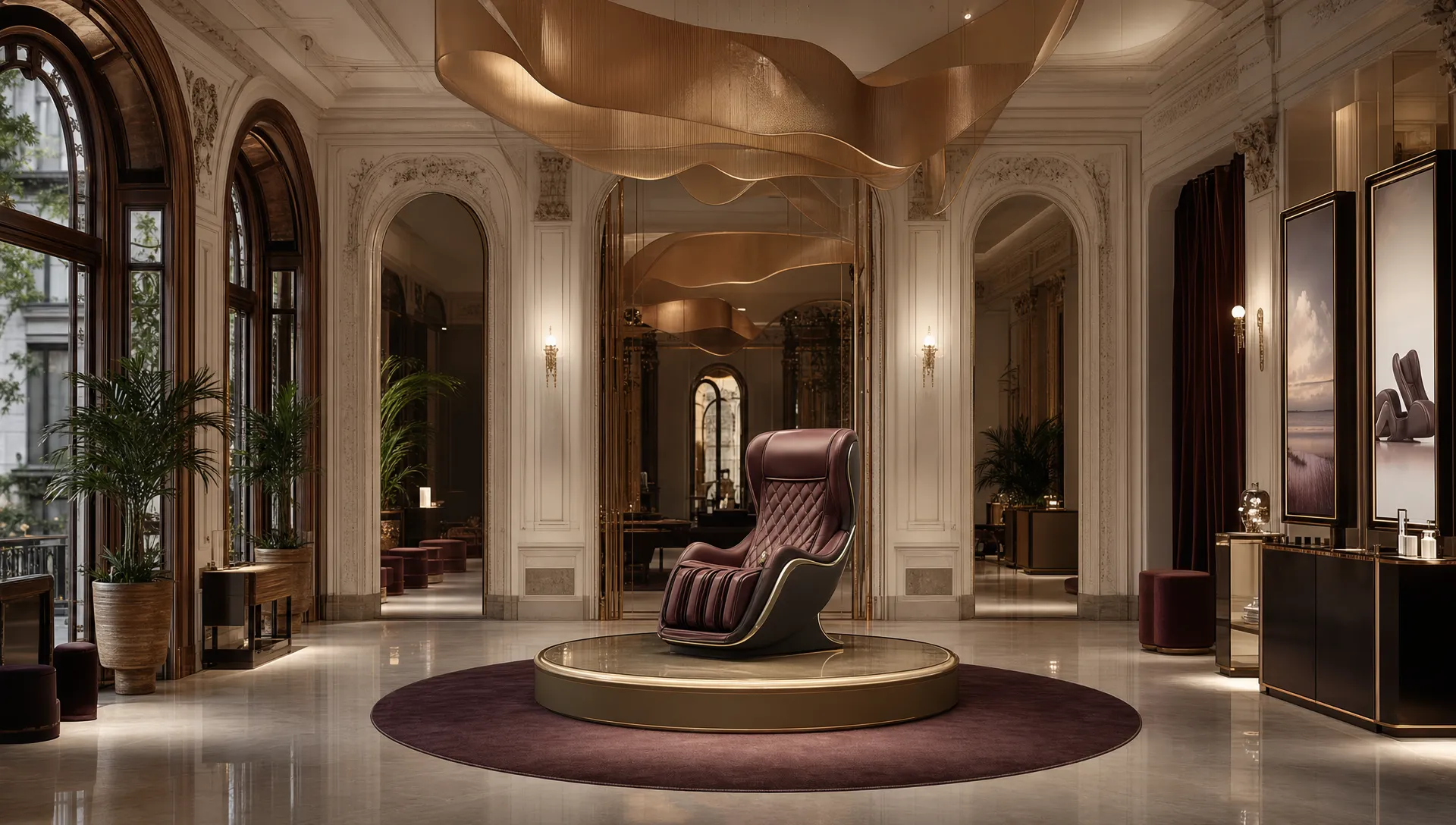 A captured heritage salon turned into an interactive brand world, with refined materials, soft reflections, sculptural lighting and a central hero object displayed in an elegant spatial setting.