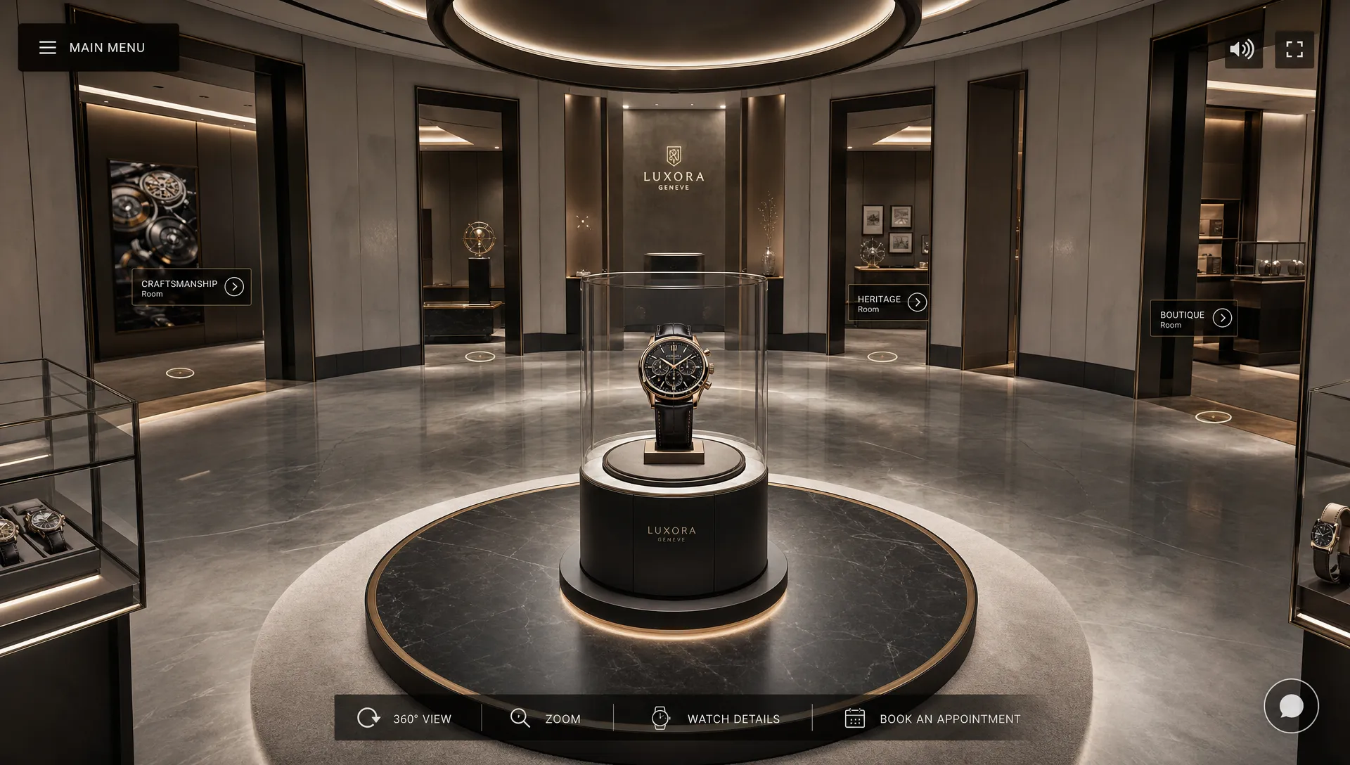 An elegant virtual showroom viewed from slightly above, with a luxury product displayed at the center, surrounding reflective materials, and subtle interactive pathways leading into different rooms.