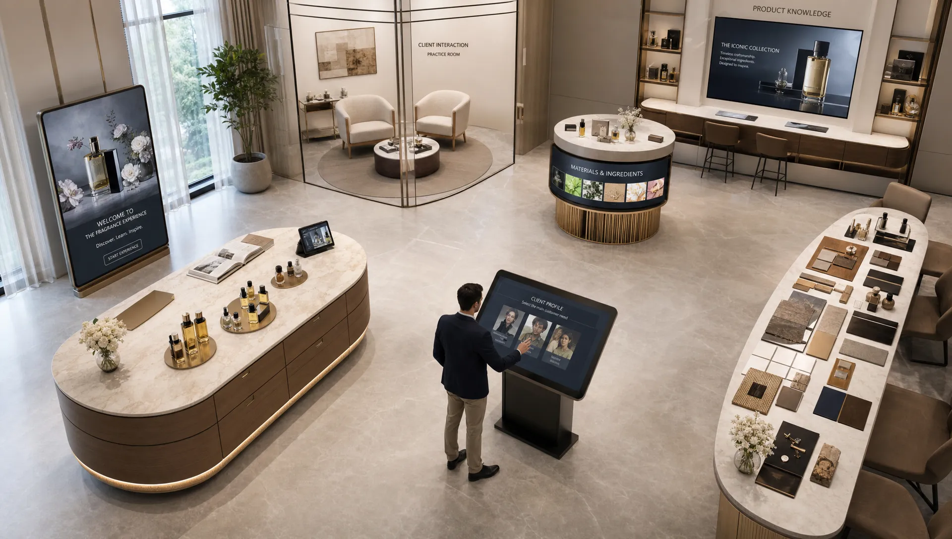 A refined immersive luxury training environment where a product advisor explores a virtual boutique, with detailed 3D products, material samples, fragrance elements and guided clienteling scenarios arranged throughout the space, seen from an overhead angle in a bright, spacious room.