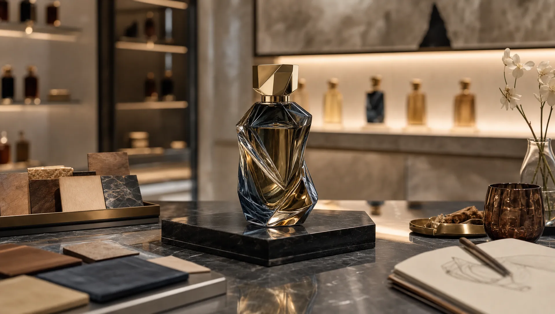 A sculptural luxury fragrance bottle displayed in a refined boutique interior, surrounded by material samples, soft reflections and subtle storytelling elements that suggest exploration and choice.