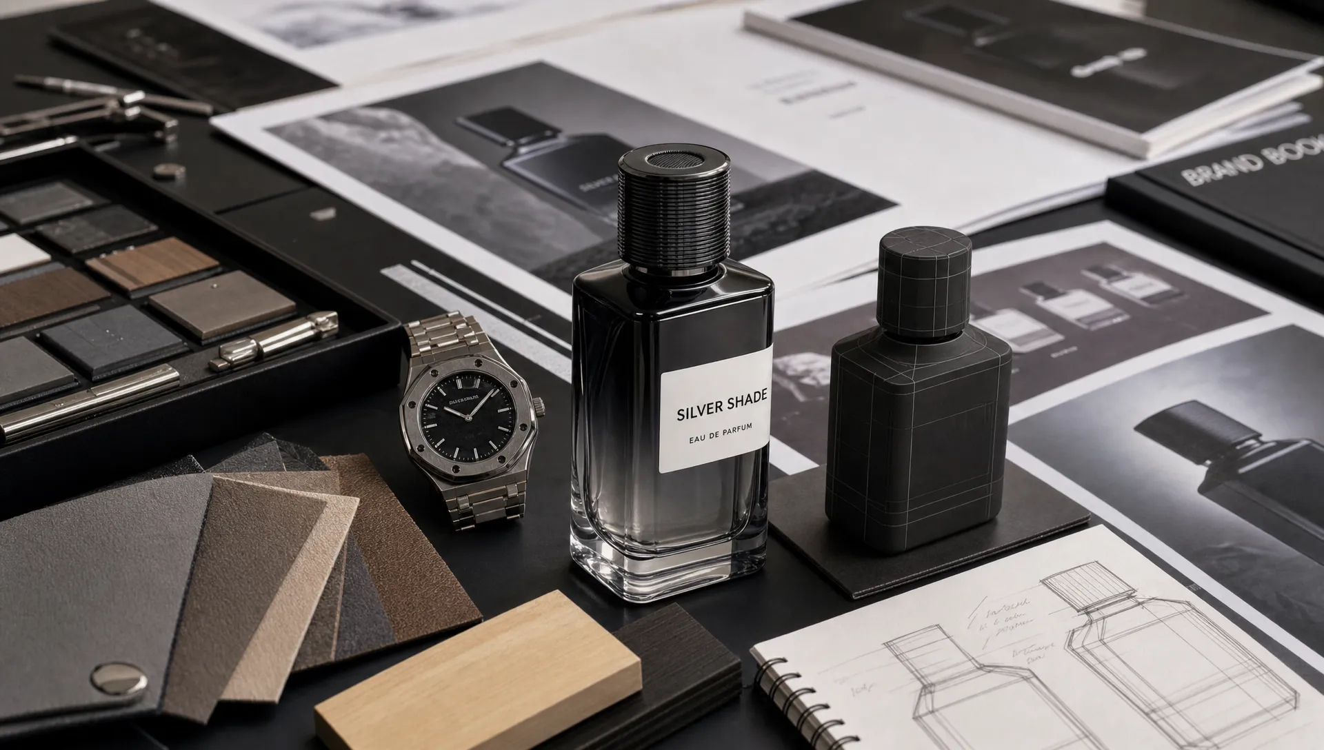 A close-up indoor scene of a luxury creative production table, with a fragrance bottle, a watch, material samples, printed campaign references and a small 3D product model arranged in a compact cluster under soft studio lighting.