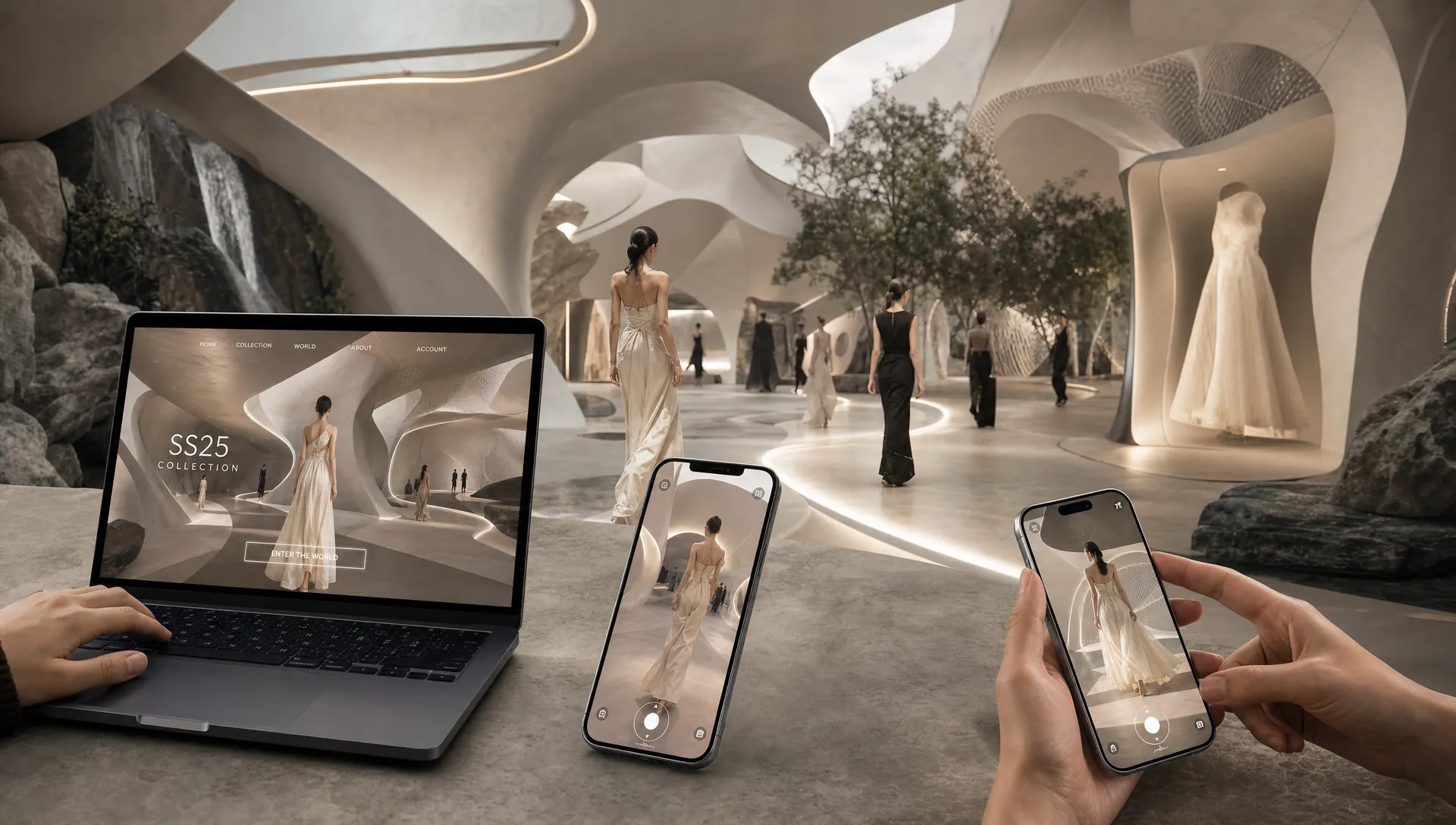 A sculptural runway and immersive fashion world extend online, with visitors exploring on phones and laptops.