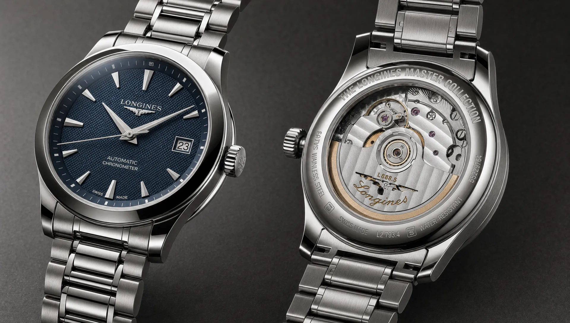 A close view of a luxury mechanical watch with the polished case, textured dial, open caseback movement, and bracelet details revealed in one frame.