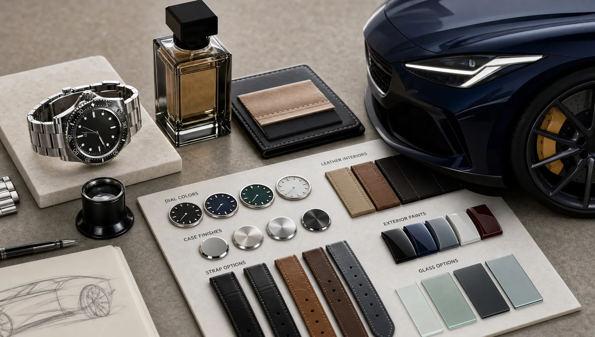 A luxury product configurator scene with a watch, a fragrance bottle and a premium car detail arranged around elegant material swatches, showing color, metal, leather and glass variations in a compact tabletop layout.