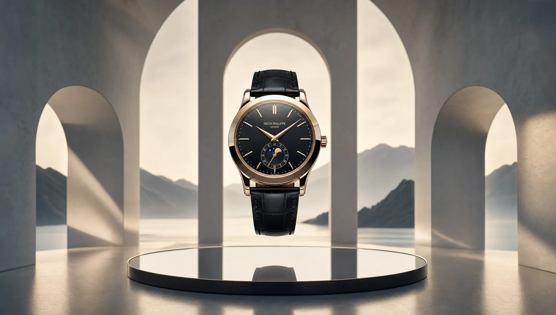A surreal CGI campaign scene showing a luxury product suspended above a mirrored platform in an abstract architectural space, with controlled lighting, reflective materials, and strong depth around the object.