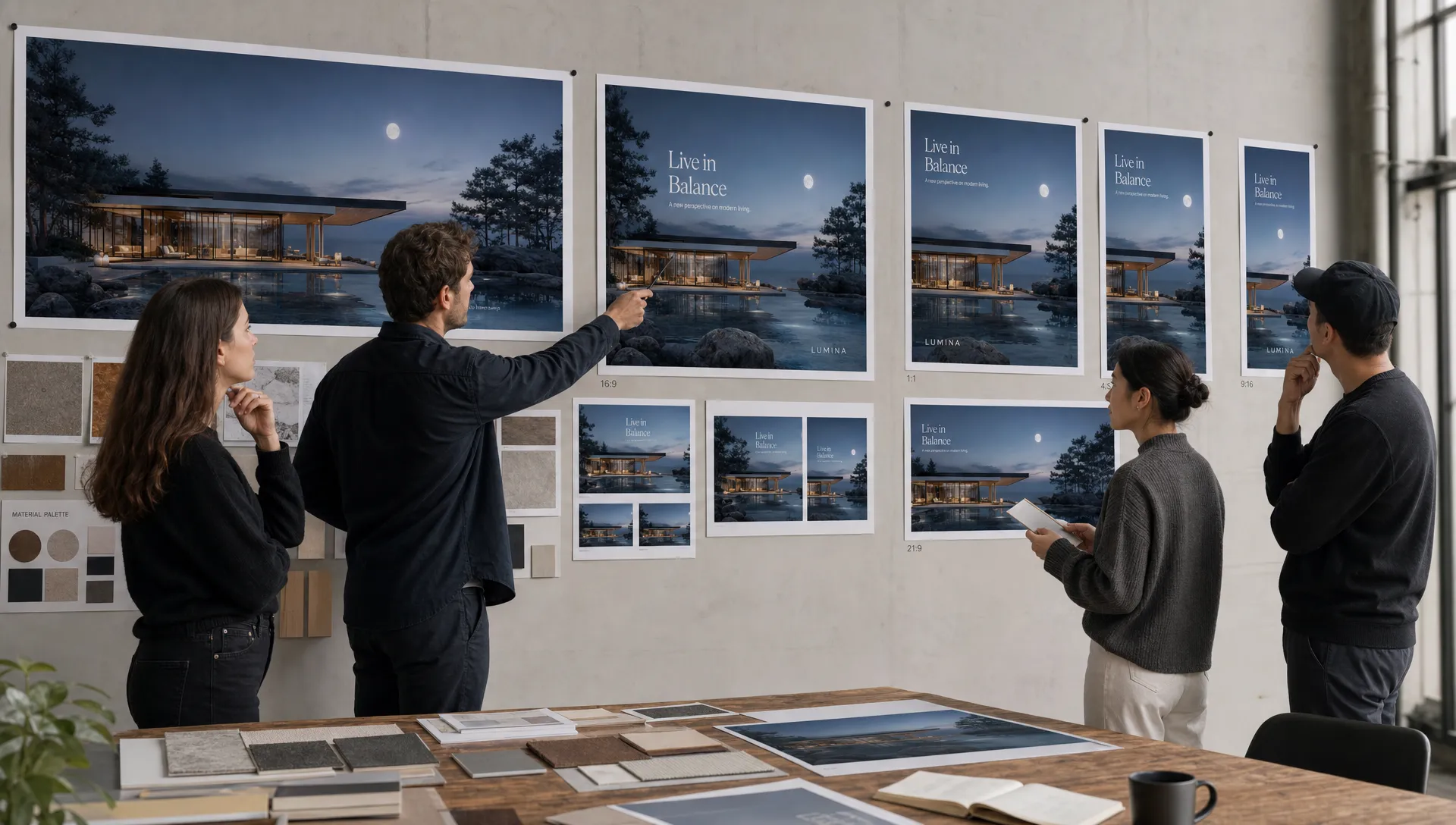 A creative team reviewing large printed CGI campaign frames on a studio wall, comparing material samples, layout variations, and multiple crop formats for a brand launch.