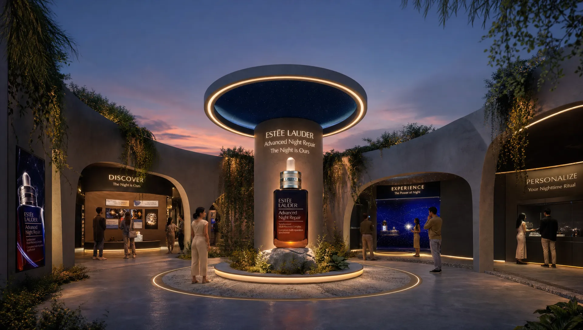 A cinematic branded virtual environment with a central product installation, immersive lighting, surreal architecture, and visitors exploring different zones of the campaign world.