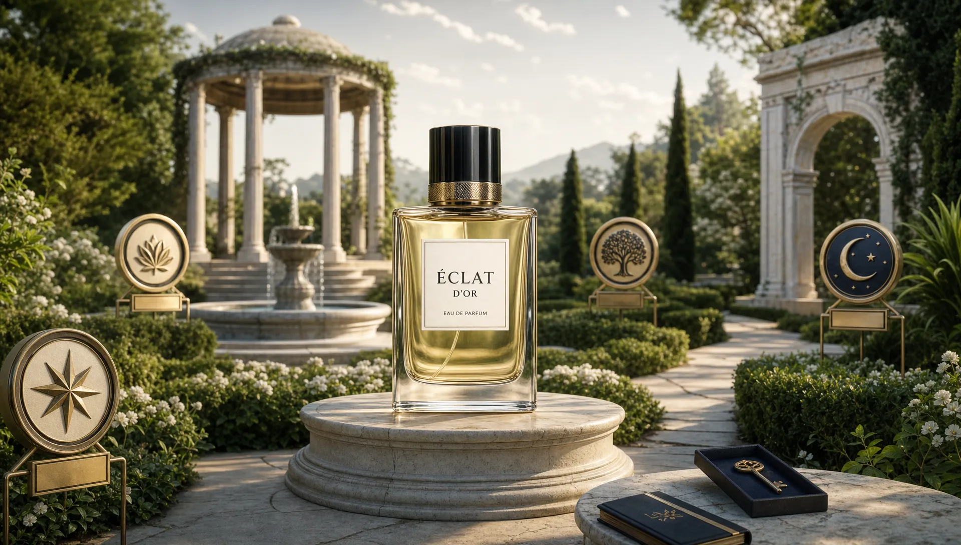 A luxury fragrance bottle at the center of a refined virtual garden, with winding paths, collectible symbols and elegant architectural elements suggesting an interactive brand world.