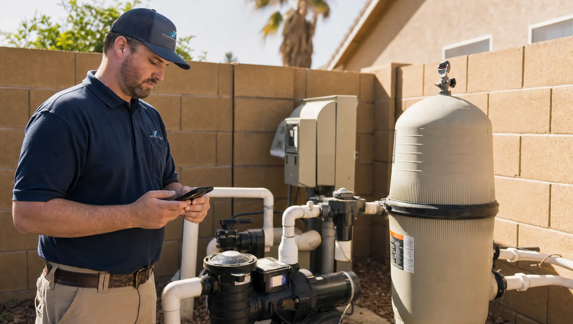 A pool service technician reviews pump and filter details beside a backyard equipment pad while holding a mobile device.