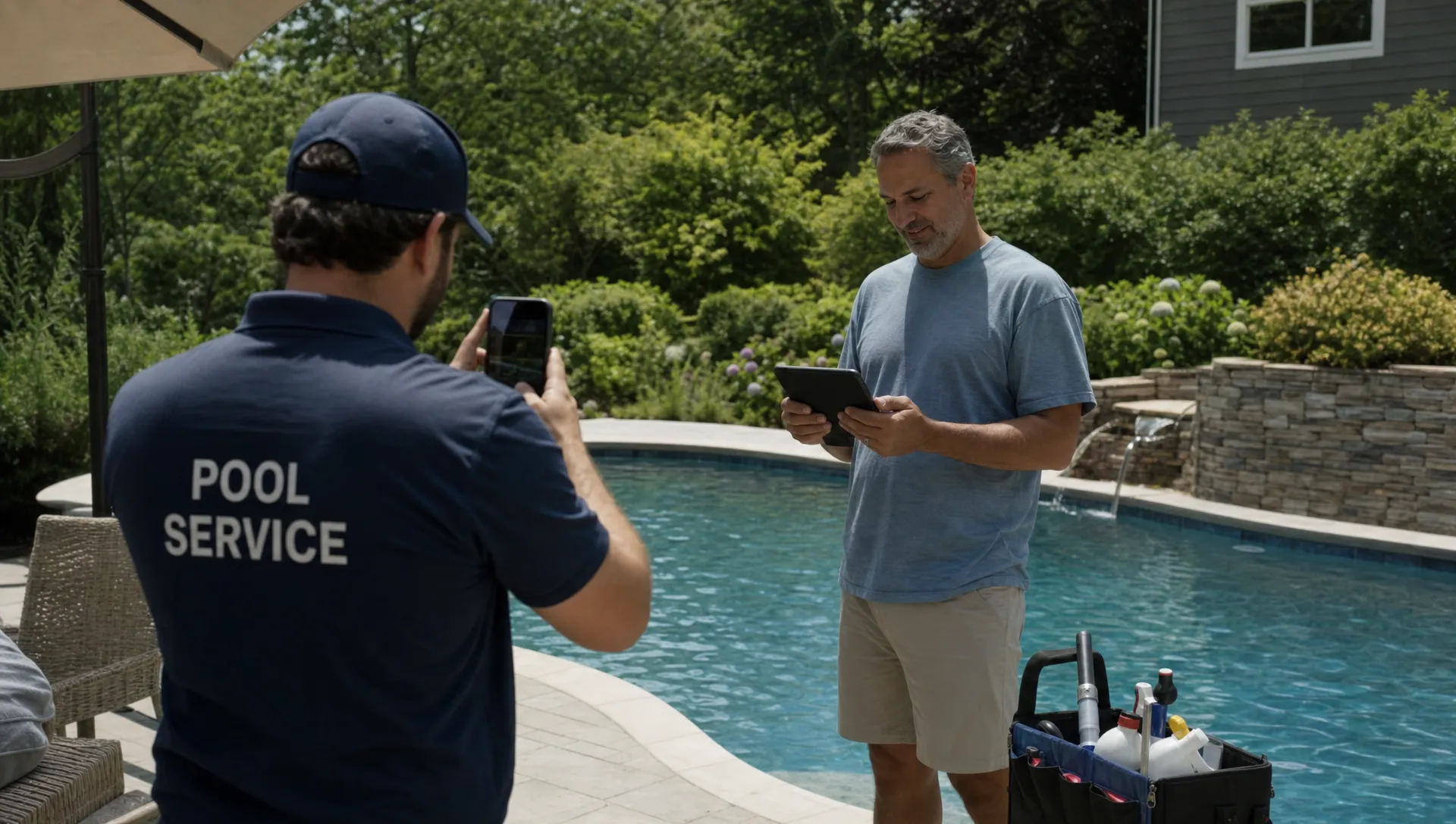 A pool service technician photographs a completed visit while a homeowner reviews the service summary beside the pool deck.