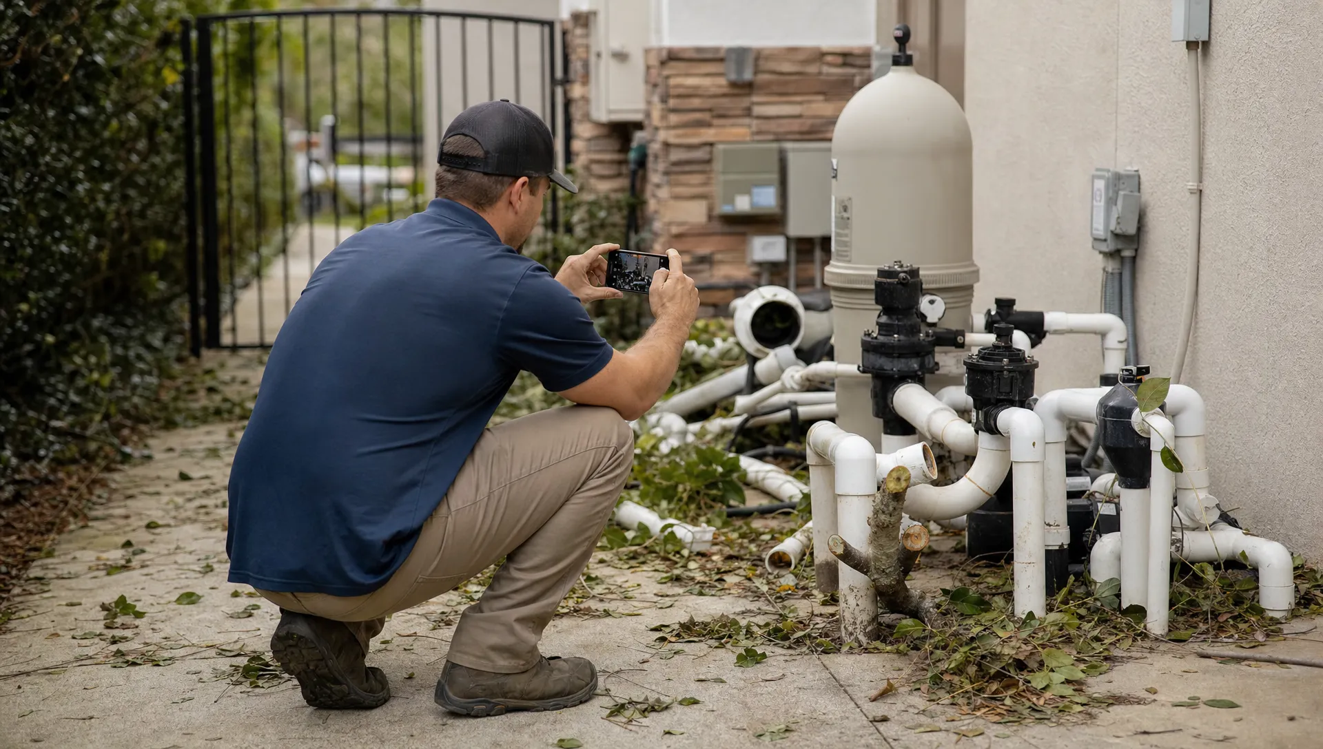 A pool contractor photographs storm-damaged return plumbing from a dry walkway beside an equipment pad, with branches nearby and the pool access gate secured in the background.