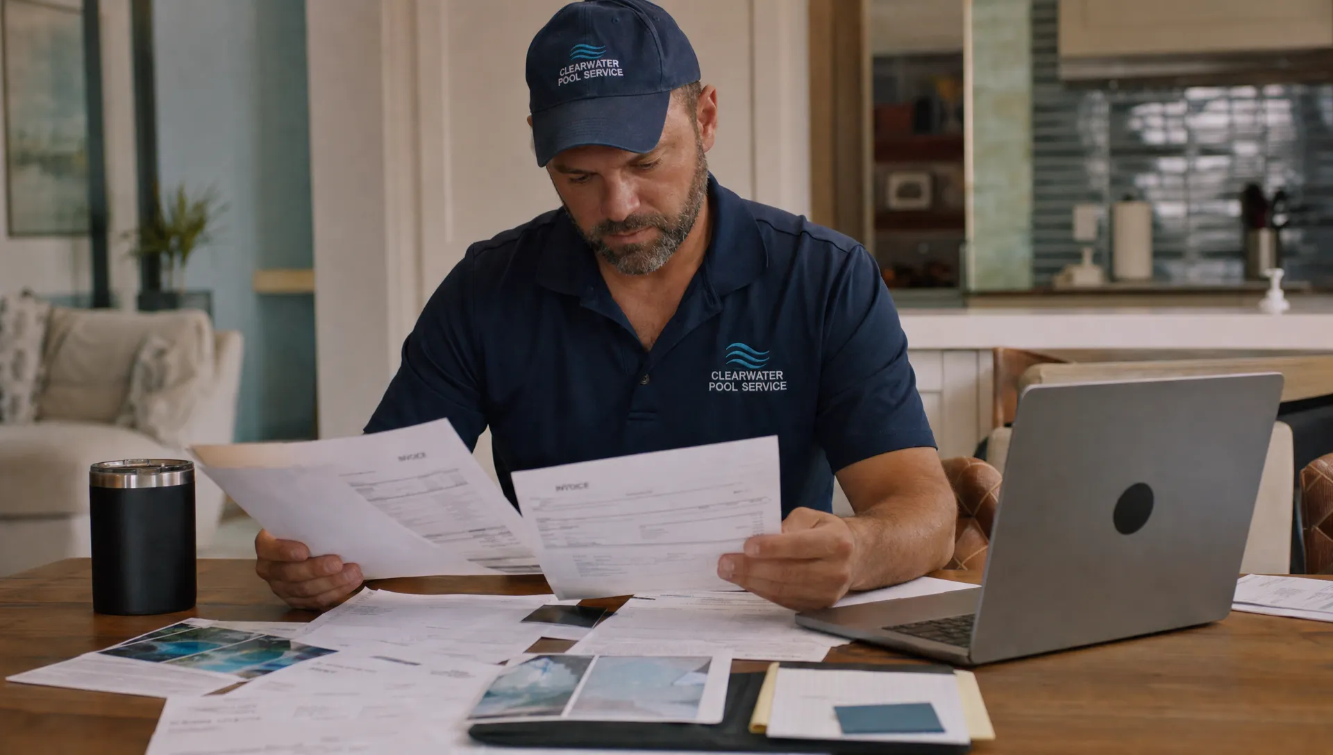 A pool contractor reviews invoices, route notes, and pool service photos at a kitchen table beside a laptop.