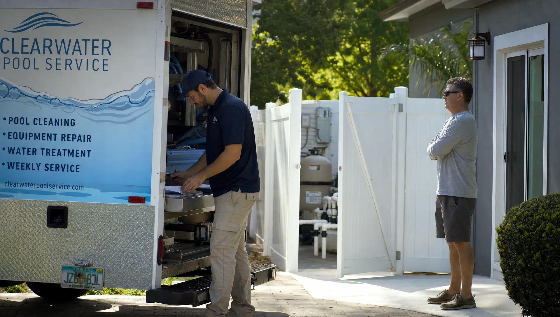 A pool service truck parked in a residential driveway beside the side gate, with a technician sorting service notes at the truck and a homeowner standing nearby near the patio entrance, with the fenced backyard and pool equipment area visible in the background.