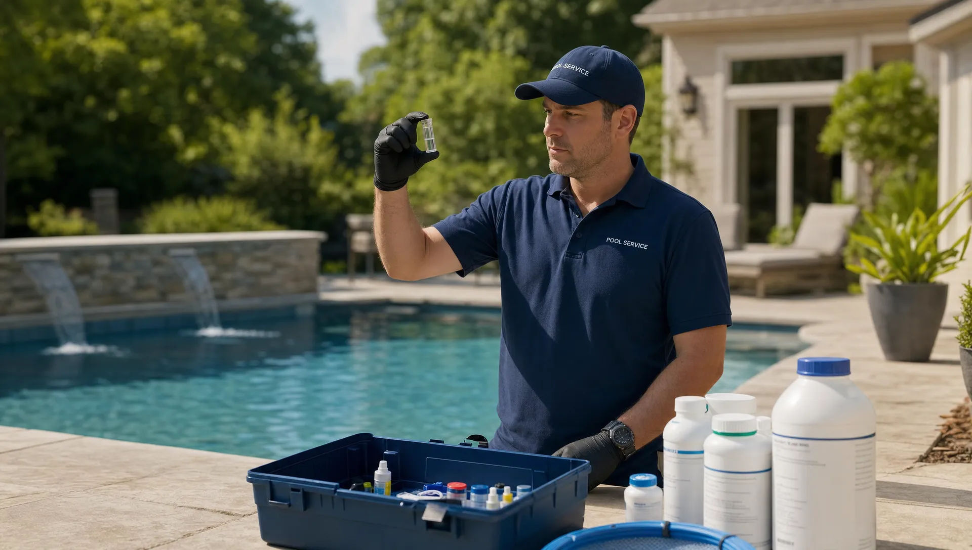 A pool service technician standing beside a clean residential backyard pool, testing water with a small vial while organized service tools and chemical containers sit nearby on the deck.