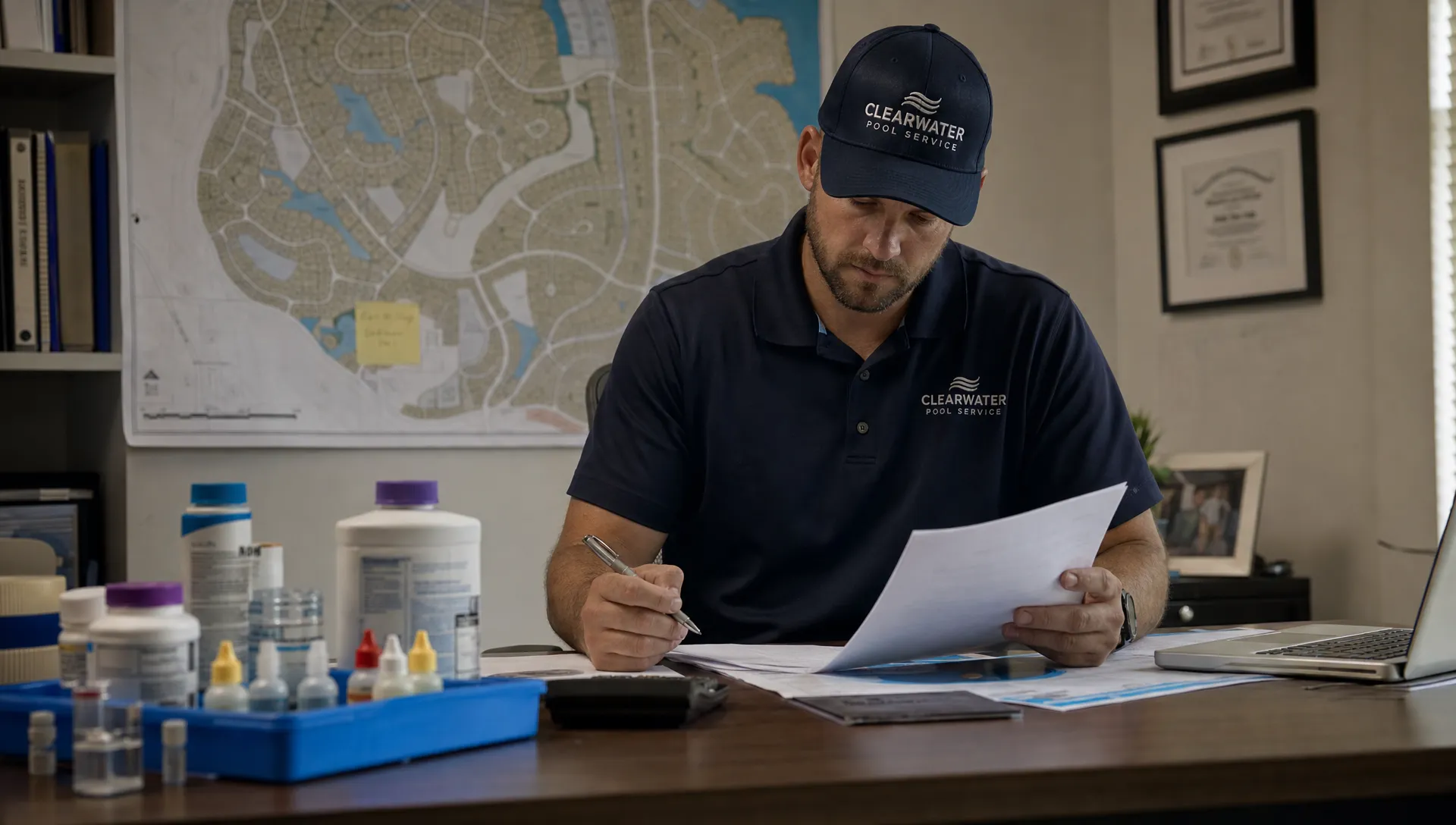 A pool contractor studies service-day costs and account records at an office table, with a neighborhood map and water-testing supplies nearby.