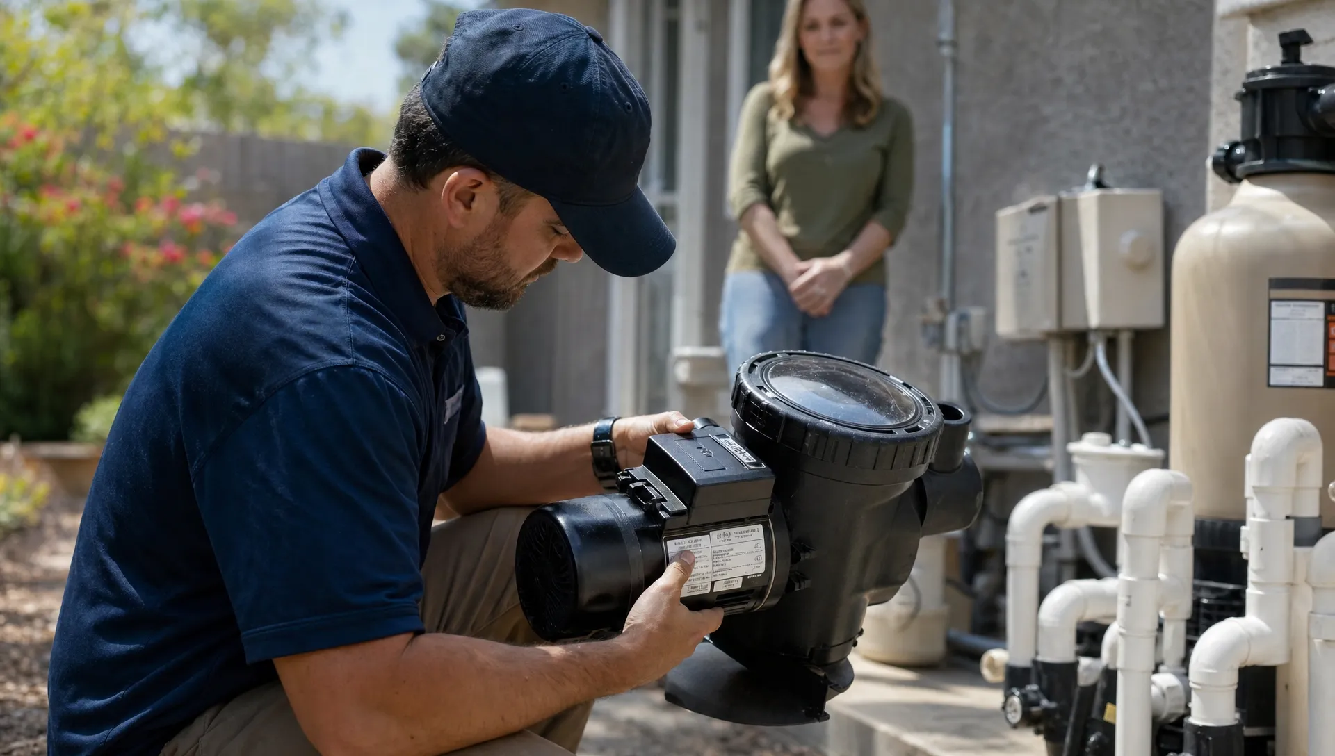 A pool contractor checks the model label on a replacement pump beside a homeowner’s equipment pad before installation, following an ecommerce CRM parts order.