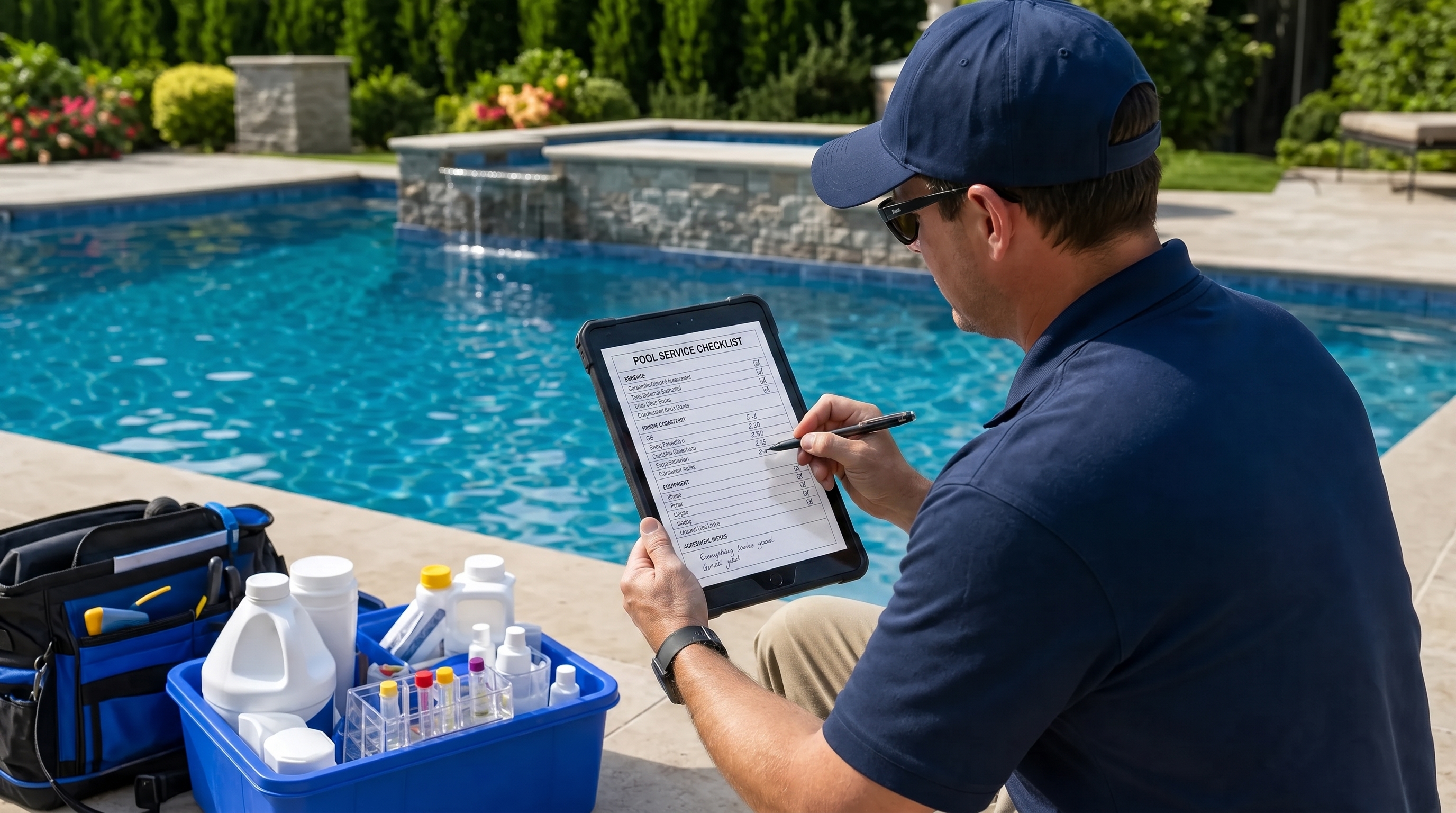 A pool service technician reviewing a completed service checklist beside a clean backyard pool, with organized equipment and water testing supplies nearby.