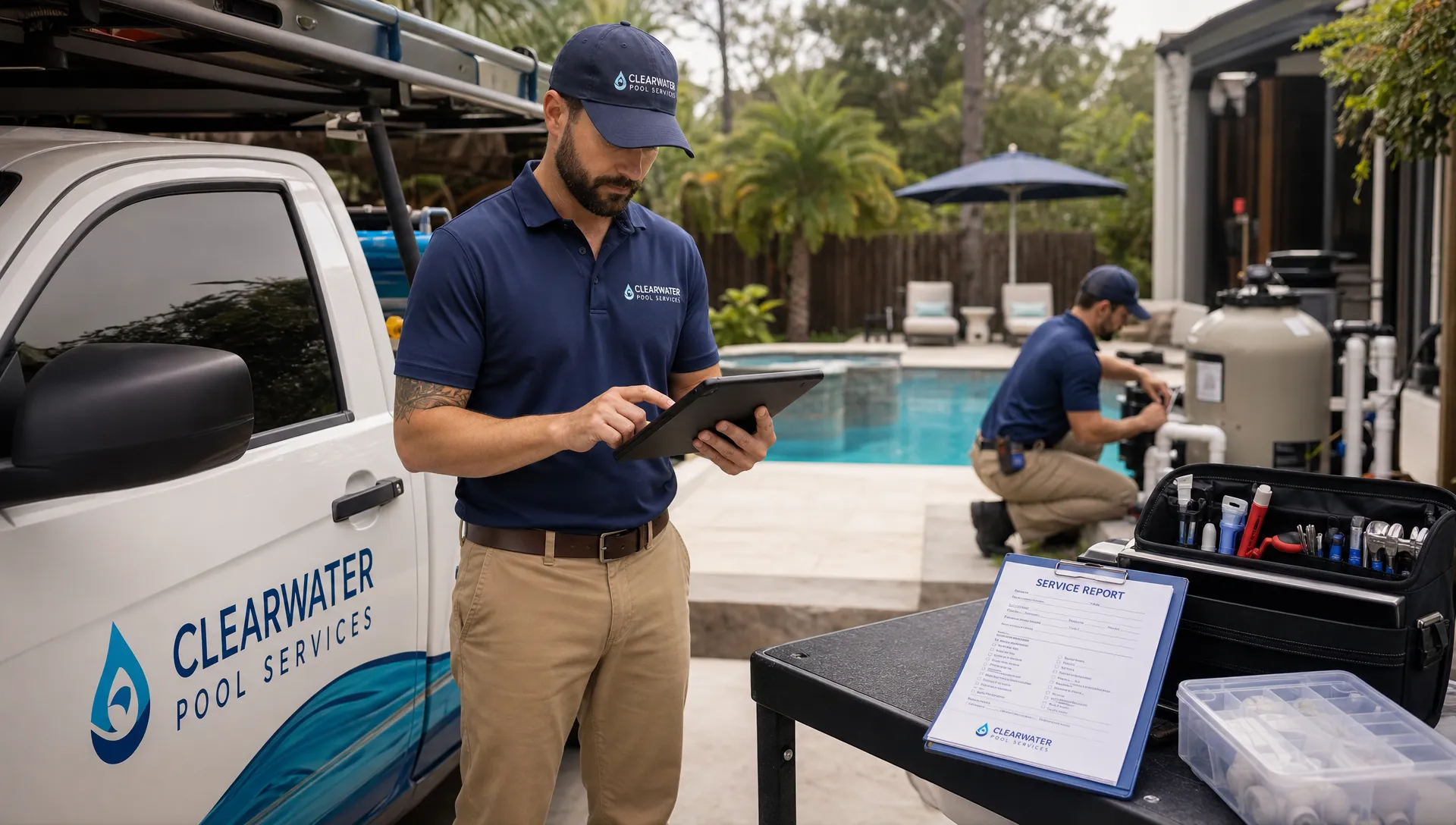 A pool service owner standing beside a service truck and reviewing a tablet while a technician checks equipment near a backyard pool, with organized tools and clear customer paperwork visible nearby.