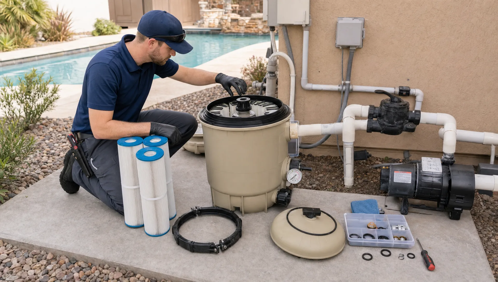 A pool service technician kneels beside an equipment pad, inspecting a cartridge pool filter with the lid removed, clean filter cartridges nearby, a pressure gauge visible, and organized repair parts on the concrete.