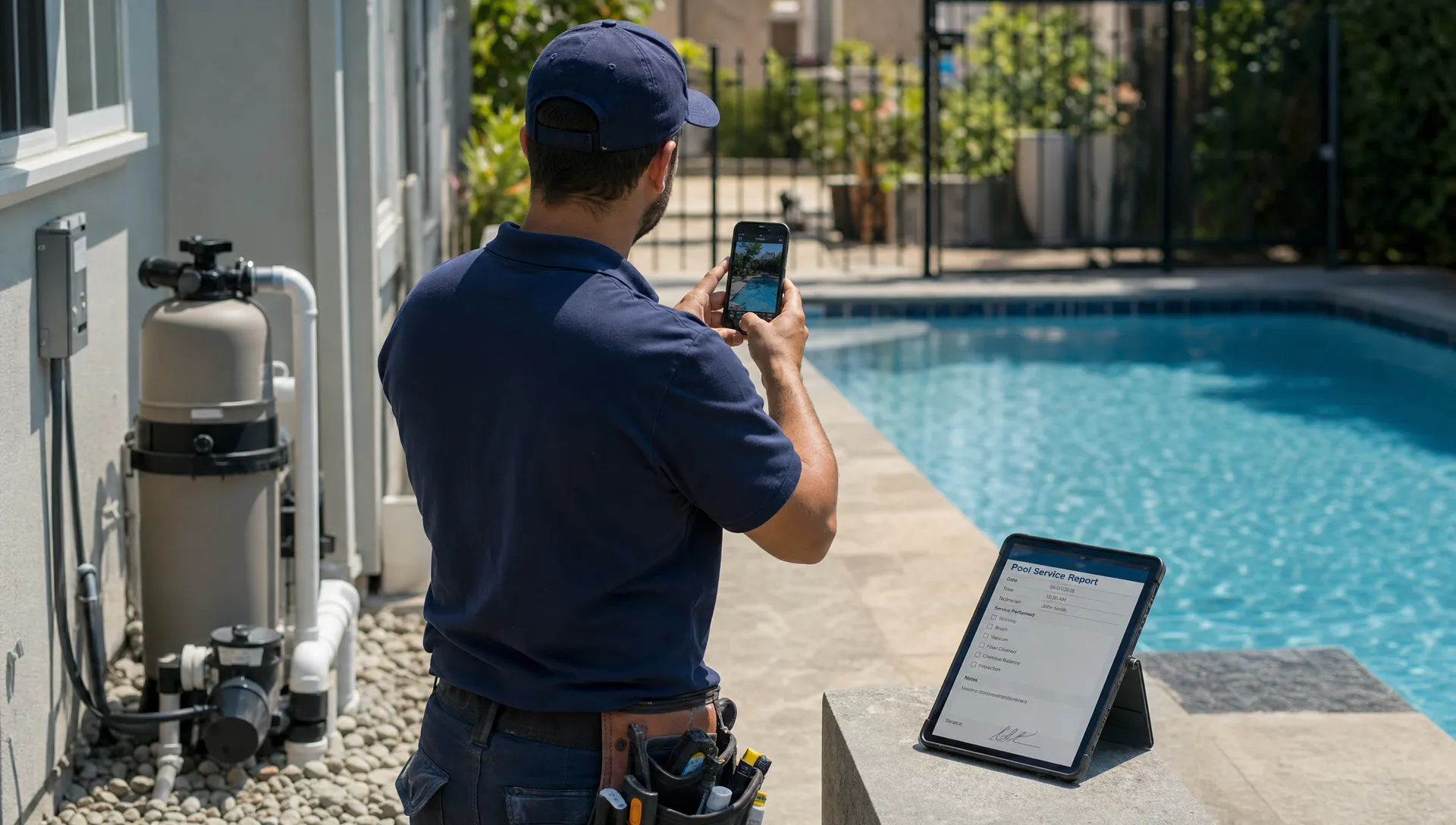 A pool service technician standing beside a residential pool after completing maintenance, taking a clear photo of the clean water and equipment area while service notes are ready on a mobile device, with the pool gate and patio visible in the background.
