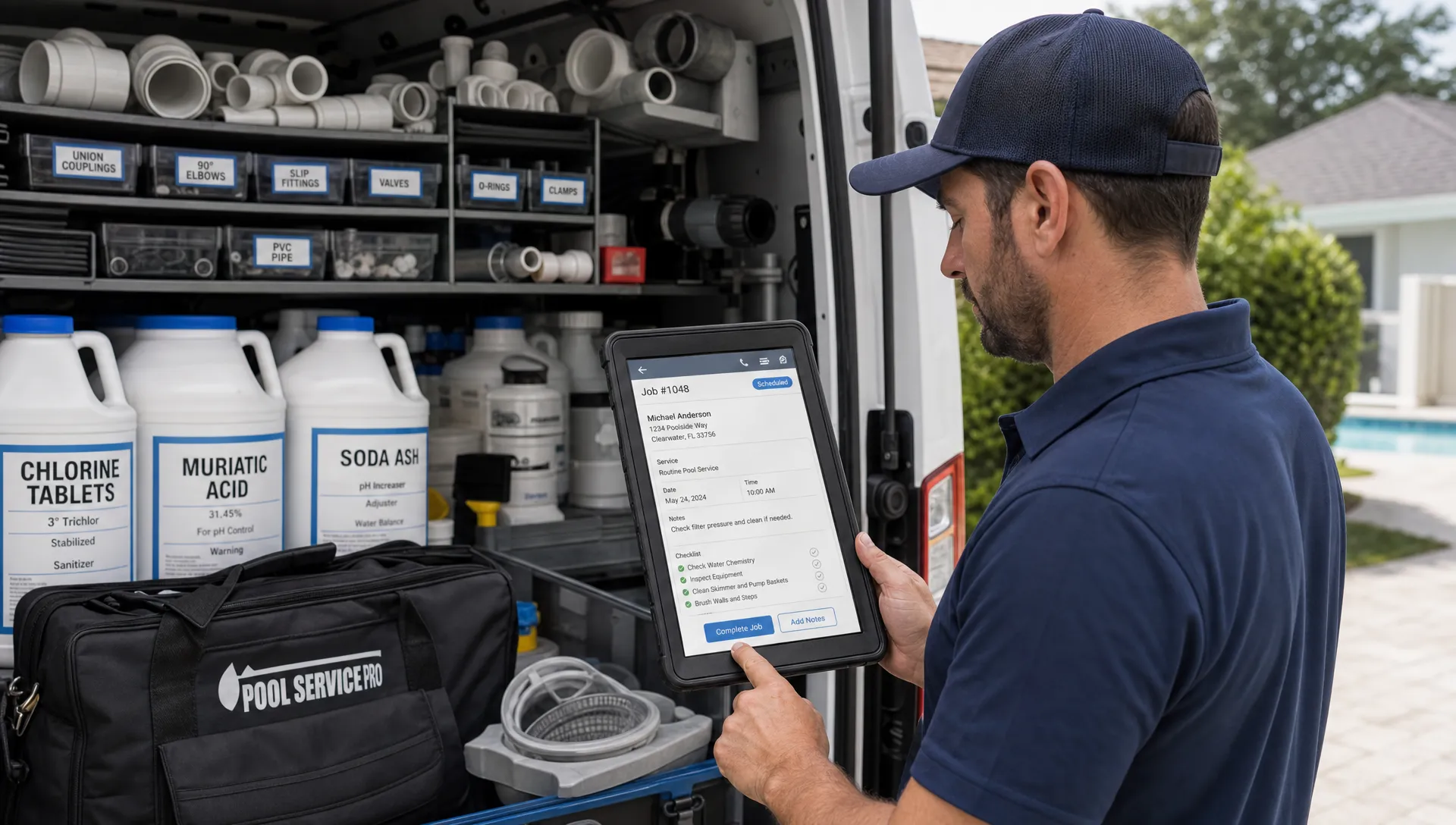 A pool service technician organizing labeled pool chemicals and replacement parts in a service van at a residential driveway, with a tablet showing a customer job record facing the technician and the screen visible to the camera.