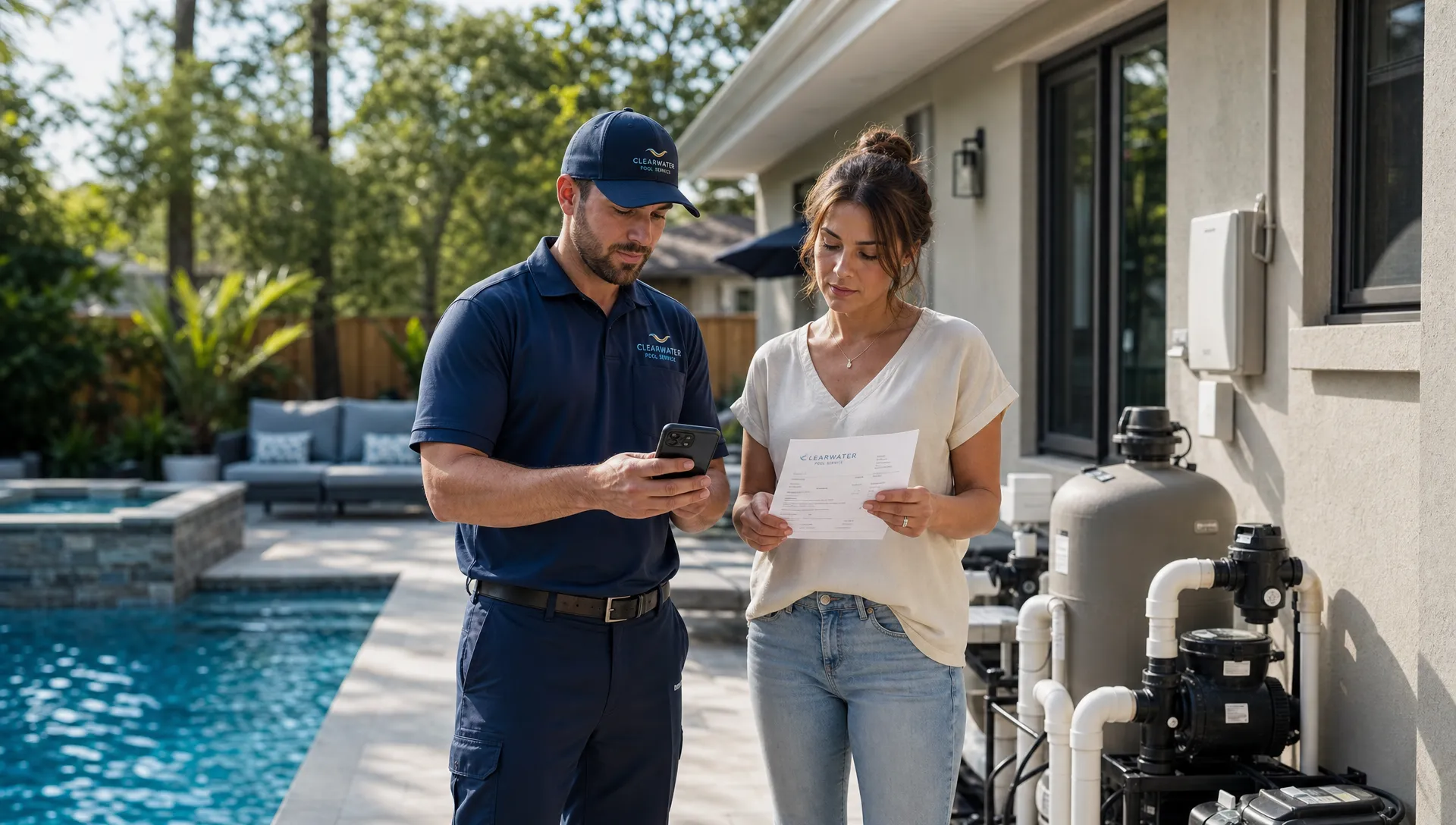 A pool service technician stands near the equipment pad after a visit, taking a before-and-after photo while the homeowner reviews the service note beside the patio.