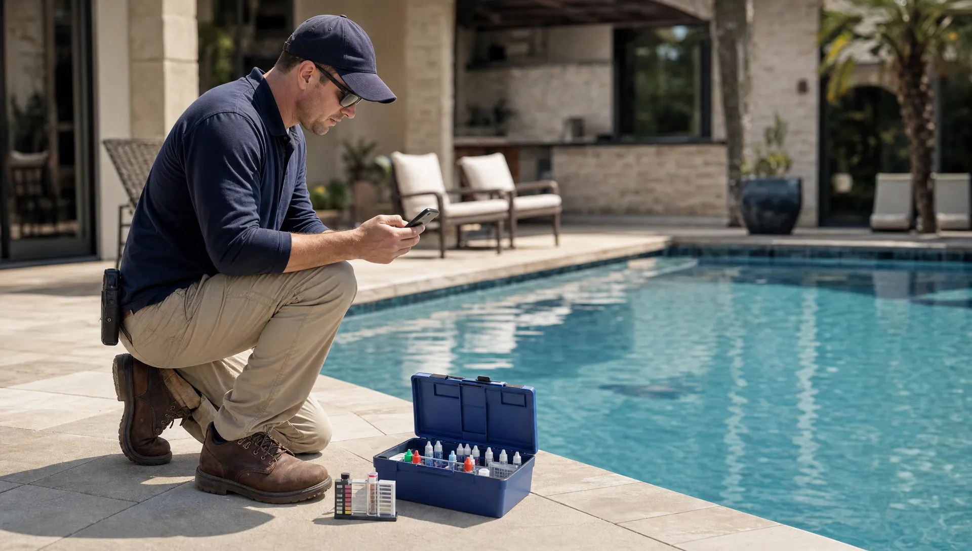 A pool technician records a water measurement on a phone beside a residential pool, with the test kit arranged on the deck.