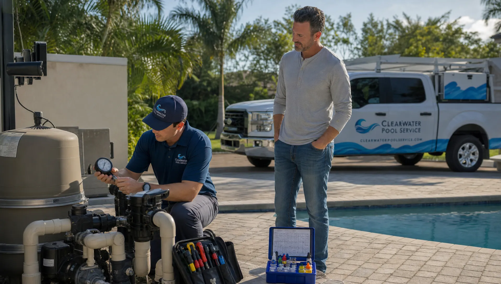 A pool service contractor inspecting a backyard pool equipment pad while a homeowner stands nearby, with a pressure gauge, test kit, organized tools, and a clean service truck visible in the driveway.