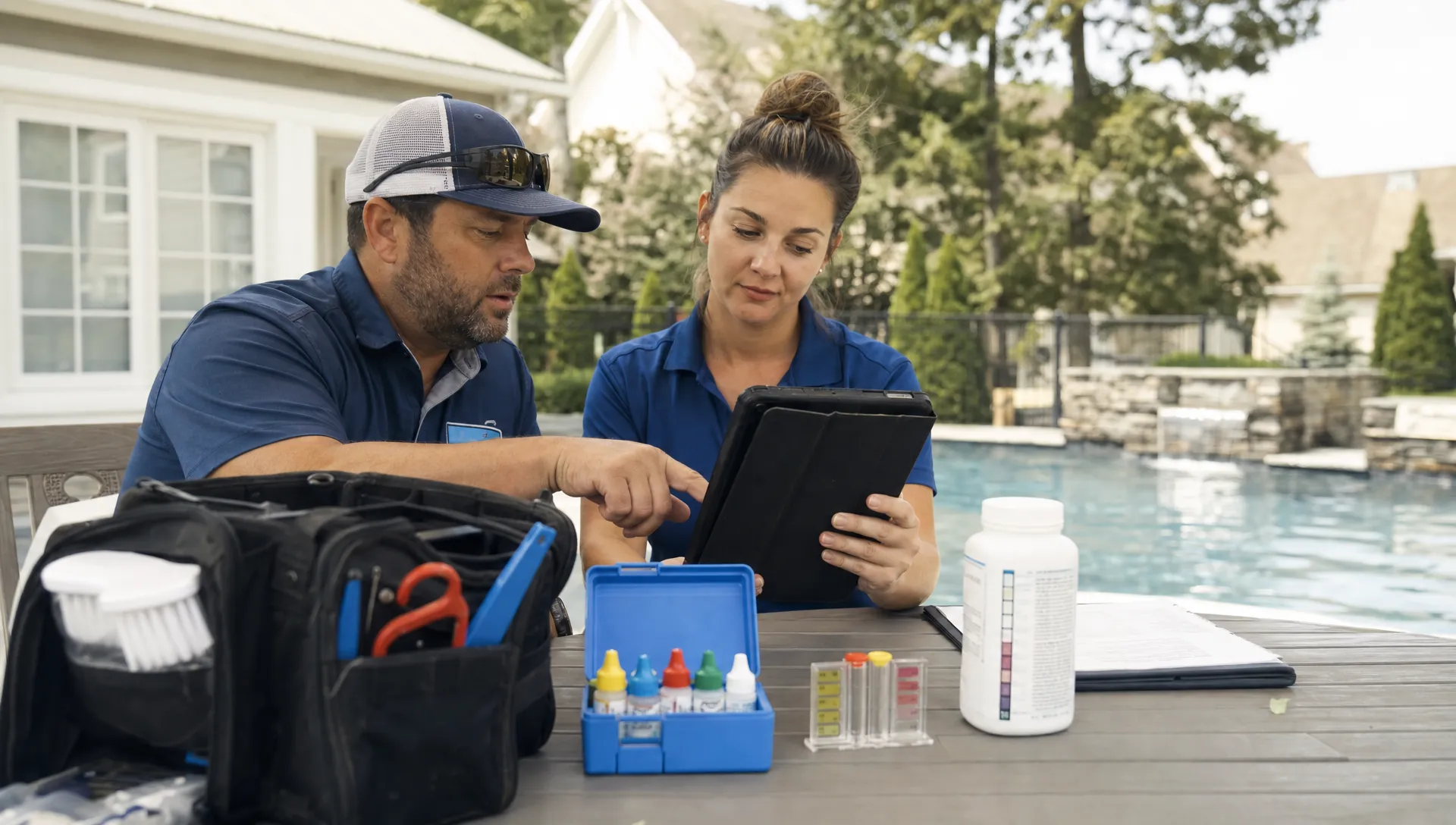 A pool contractor and office coordinator review a tablet with a CRM helpdesk request list beside water testing supplies, service tools, and a residential pool.