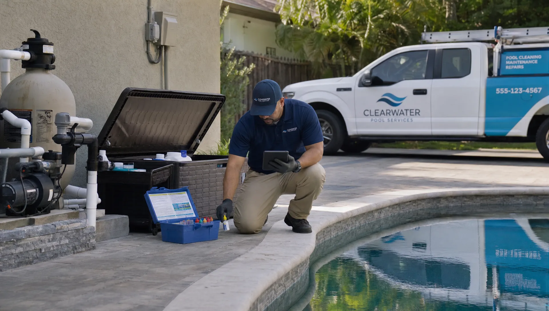 A pool service technician testing water beside a backyard pool while documenting equipment details on a mobile device, with the equipment pad and storage area visible nearby and a clean service truck parked by the driveway.