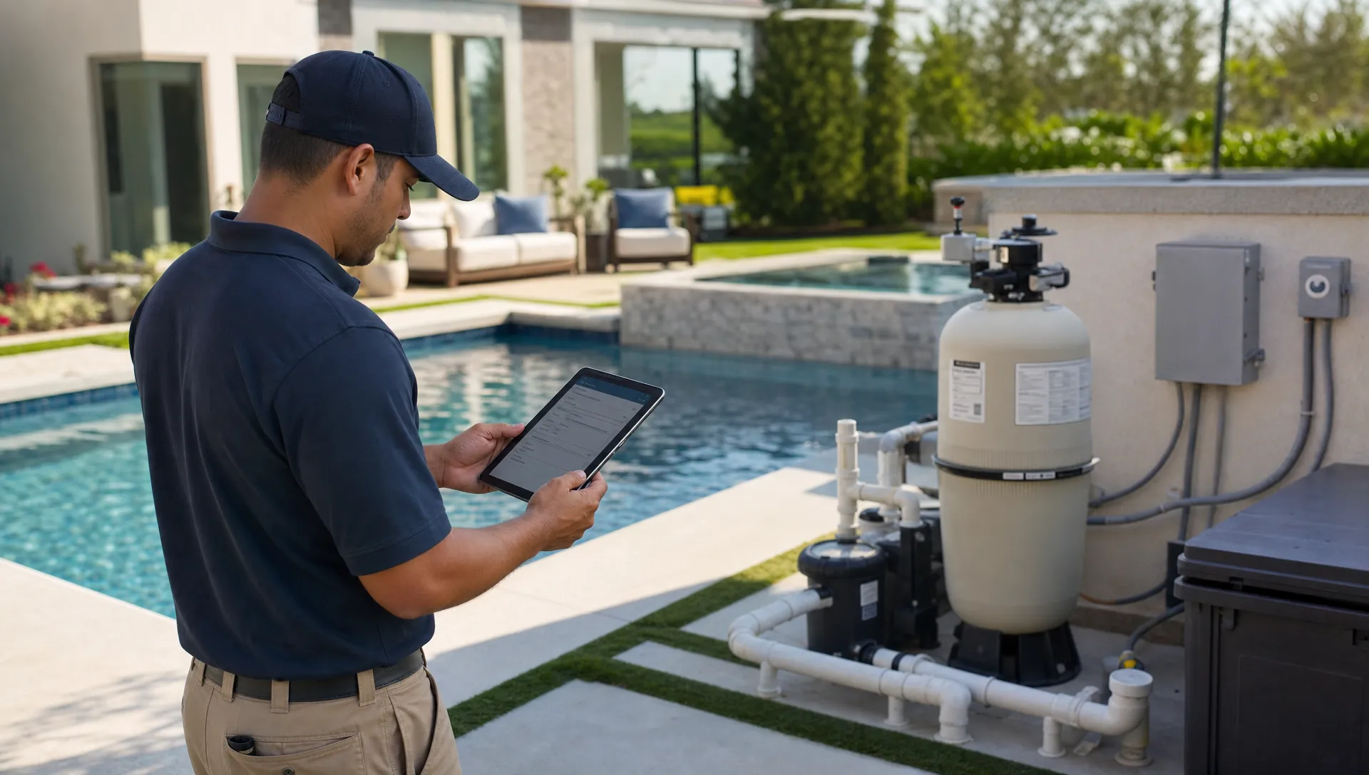 A pool service contractor reviews a homeowner's submitted service details on a tablet beside a backyard pool, with the equipment pad and patio visible nearby.