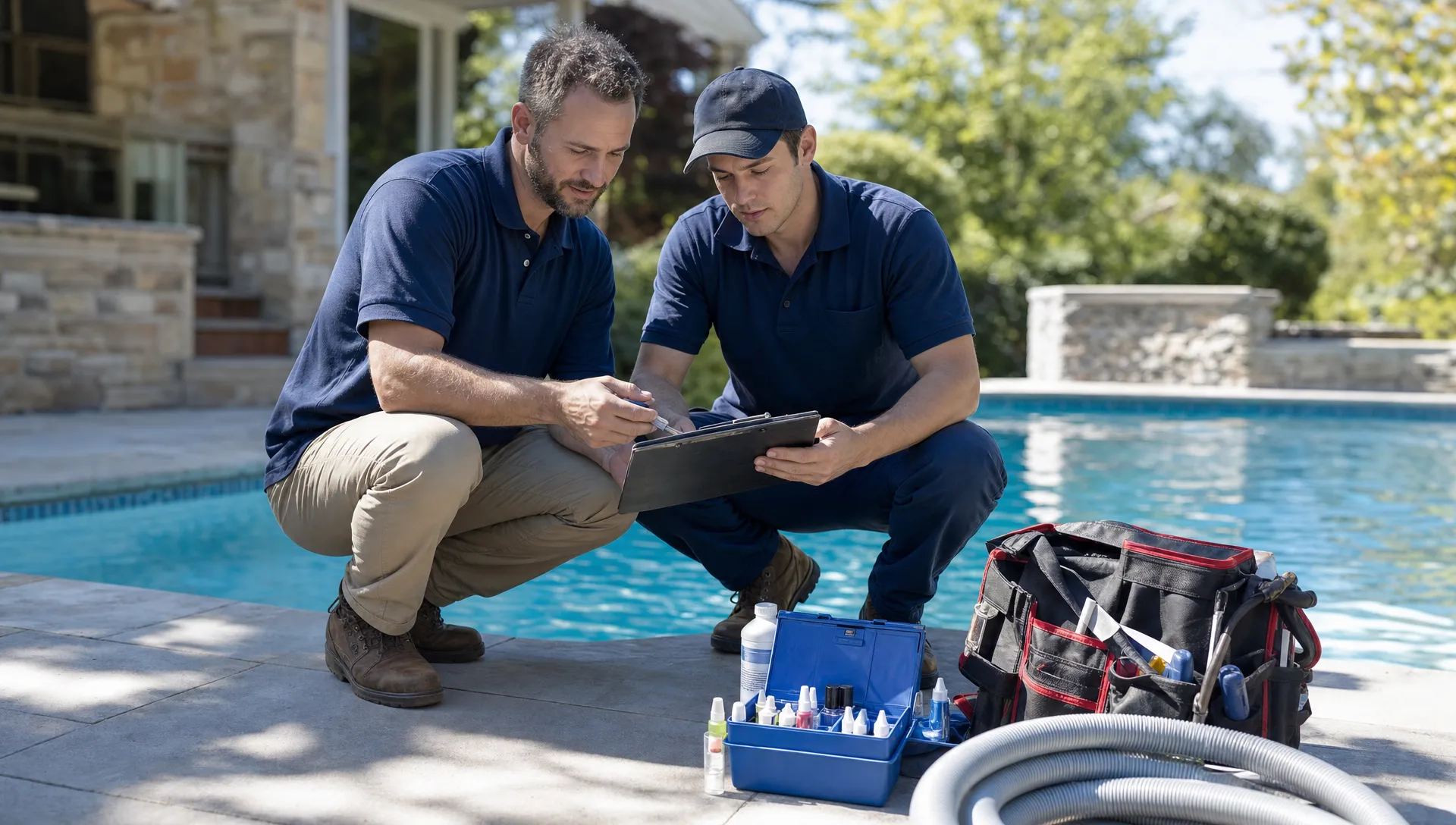 A pool contractor and technician review customer notes beside a backyard pool with service tools nearby.
