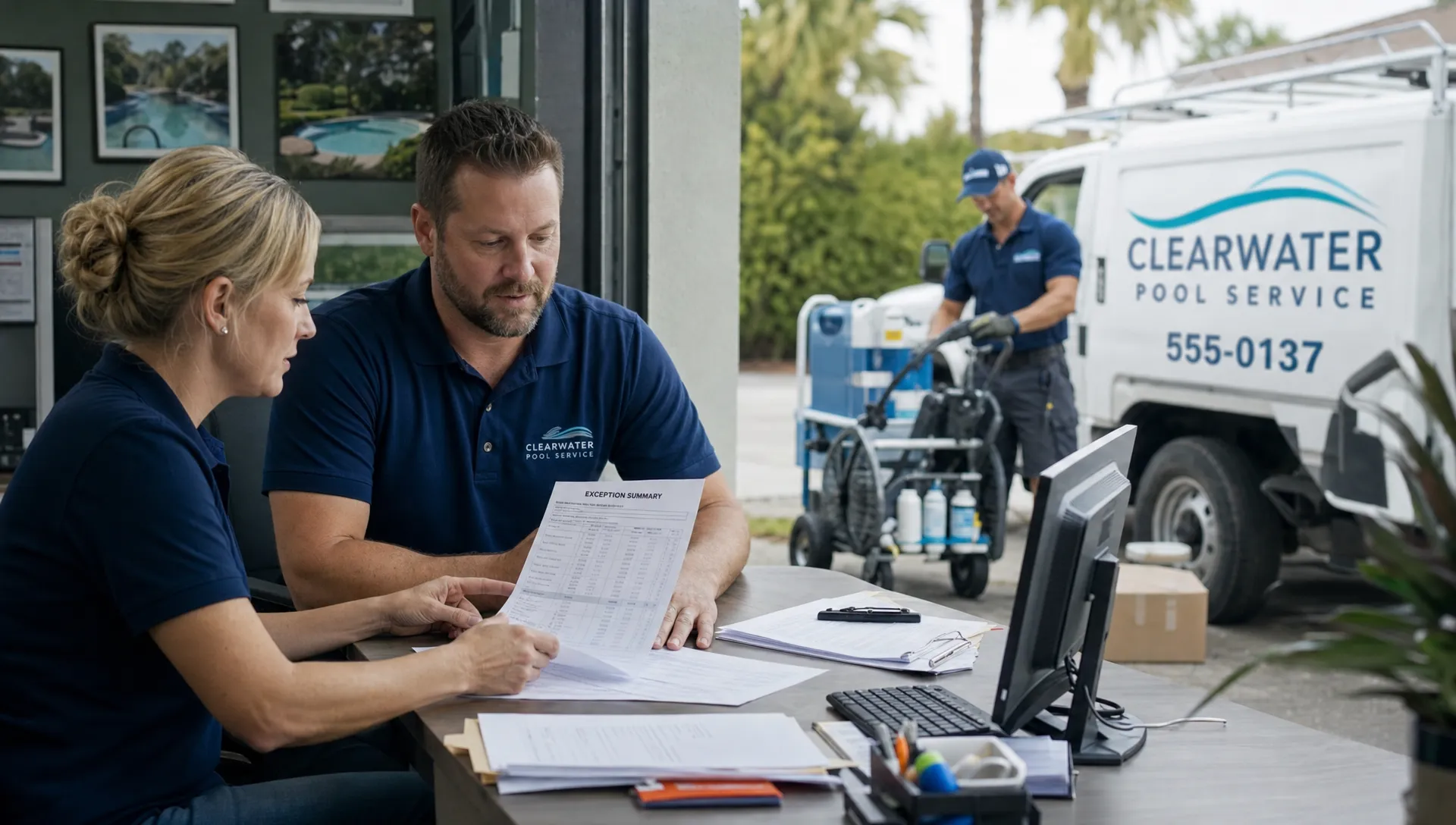 A pool service owner and dispatcher review a printed exception summary beside customer records while a technician prepares equipment near a service truck outside the office.