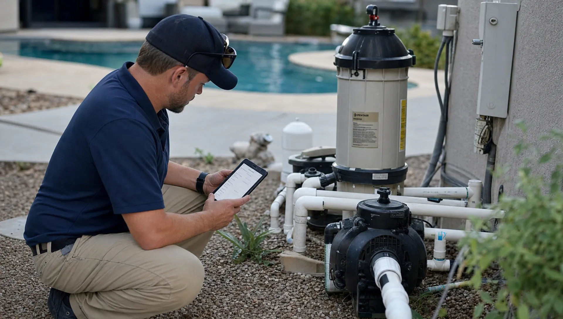 A pool service contractor checks the equipment pad at an acquired residential pool route, with service records and access notes visible on a handheld device.